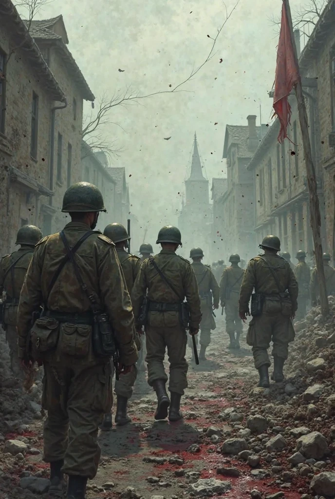((Realistic quality)) ((Piece of art)) ((perfectquality)) Crowd of soldiers advancing in dark clothes with flags in the sky, cloudy day, Dark days