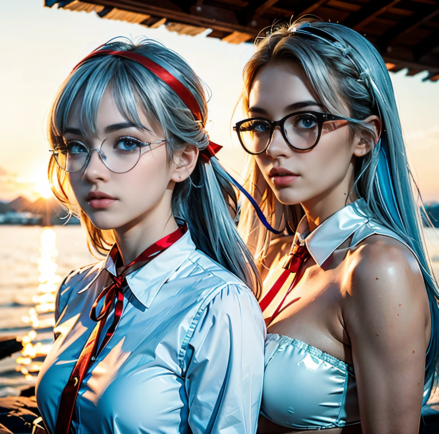 8K quality, pictures, Two beautiful men and beautiful women, Beautiful like a goddess, The backlight of the sunset is so dazzling that the characters are hazy, above chest shot at the ruins, (White blouse with red thin string ribbon tie:1.2), (Fine silver glasses:1.2), (Brilliant, beautiful light blue eyes and beautiful hair:1.2), Hair flying in the wind, Whitening skin like white porcelain, Half Up with Bangs, Photograph,