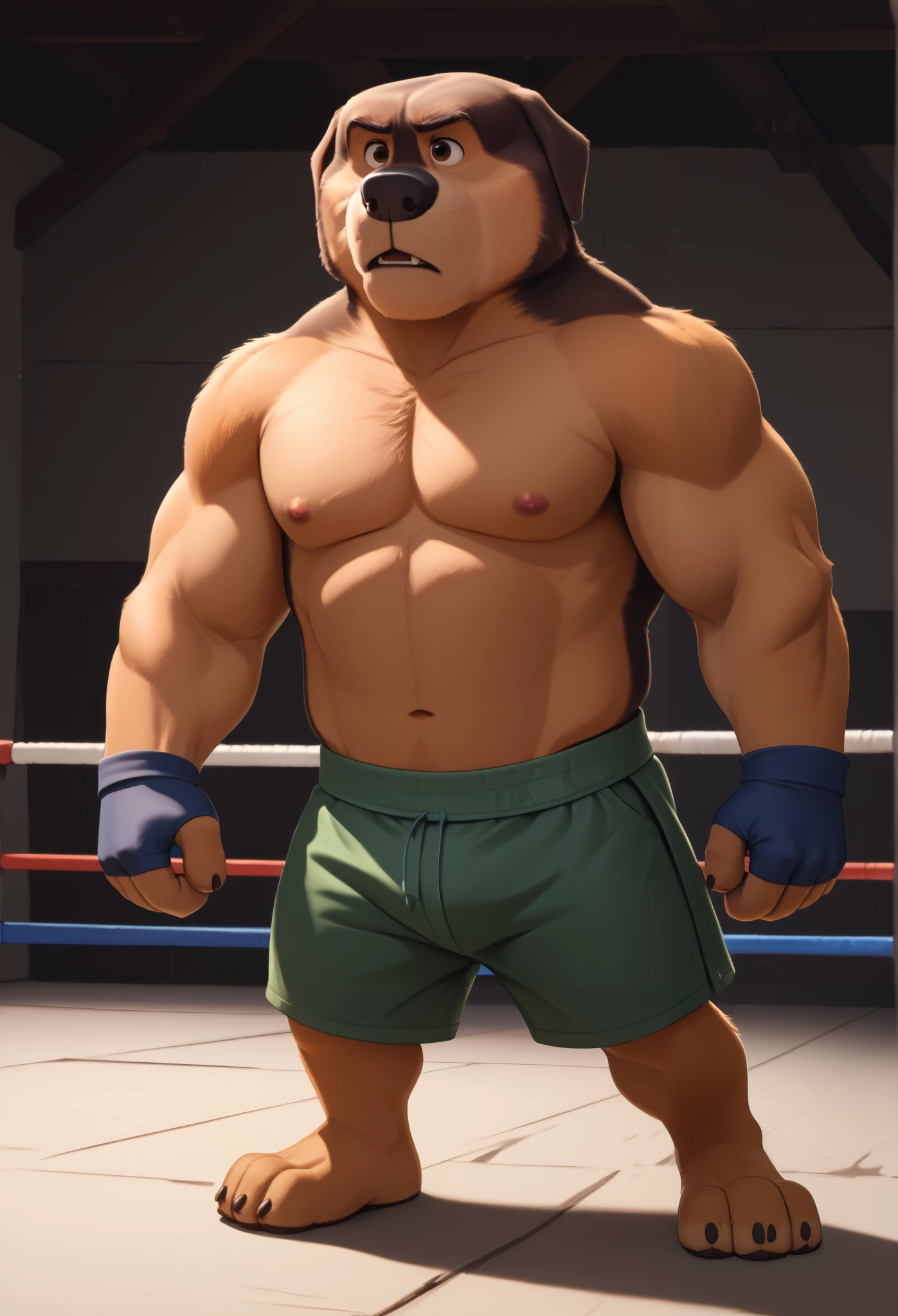 score_9, score_8_up, score_7_up, cartoon_style, ((by BodiPhant0m)), byBodiRDz, 4k, 8k, The best quality, very well drawn, detailed, high quality, detailed, 4k, high resolution, high quality, high resolution, Khampa, detailed, high quality, detailed, 4k, high resolution, high quality, high resolution, furry character, canine, 2d, solo, fighting arena background, rockdog, khampa, style rock dog, movie style, style[rockdog], rockdog, male, Tibetan mastiff, mastiff, dog boy, dog, khampa, Tibetan Mastiff with brown-and-tan fur with tan fur on his muzzle, hands, feet, black nose, brown eyes, middle aged muscular, Height: 6'10", Weight: 358lbs, shirtless, MMA shorts with green slits, MMA fingerless gloves with knuckle pads, fights,  