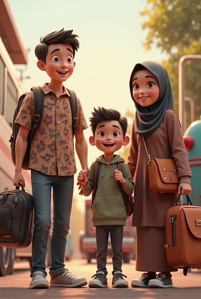 ((3 hijabless man wear jacket sitting), (2 hijabbed woman sitting), (1 hijabless teenage girl sitting)), casual fashion, happy expression, just concentrate, white skin people, crowdless background, extreme detail, masterpiece, 4k, adult 3D character, proportional, cinematic lighting