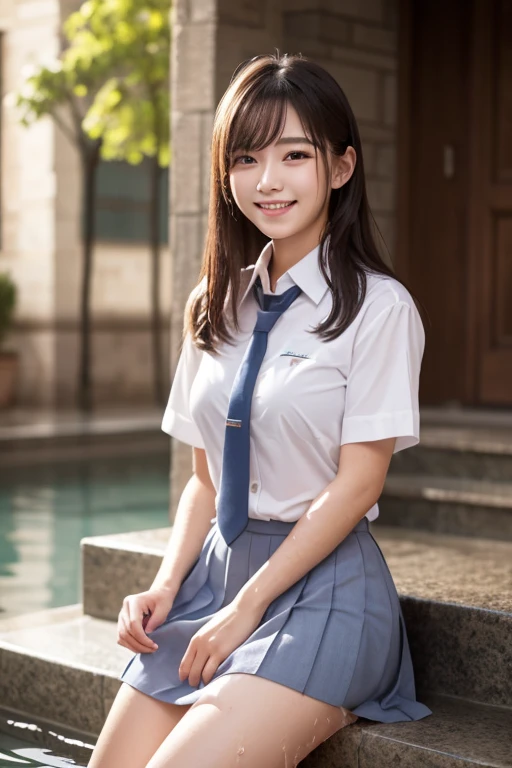 Pure Japanese school girl, sweet temptation, outstanding body, beautiful legs, wearing uniform, panty, ponytail, sweet smile, sitting, refreshing in early summer, composition from the front,