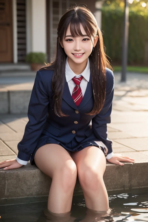 Pure Japanese school girl, sexual attractive, outstanding body, beautiful legs, shiny white skin, wearing uniform, natural hairstyles, sweet smile, sitting and relaxing, spread wide legs, refreshing in early summer morning,