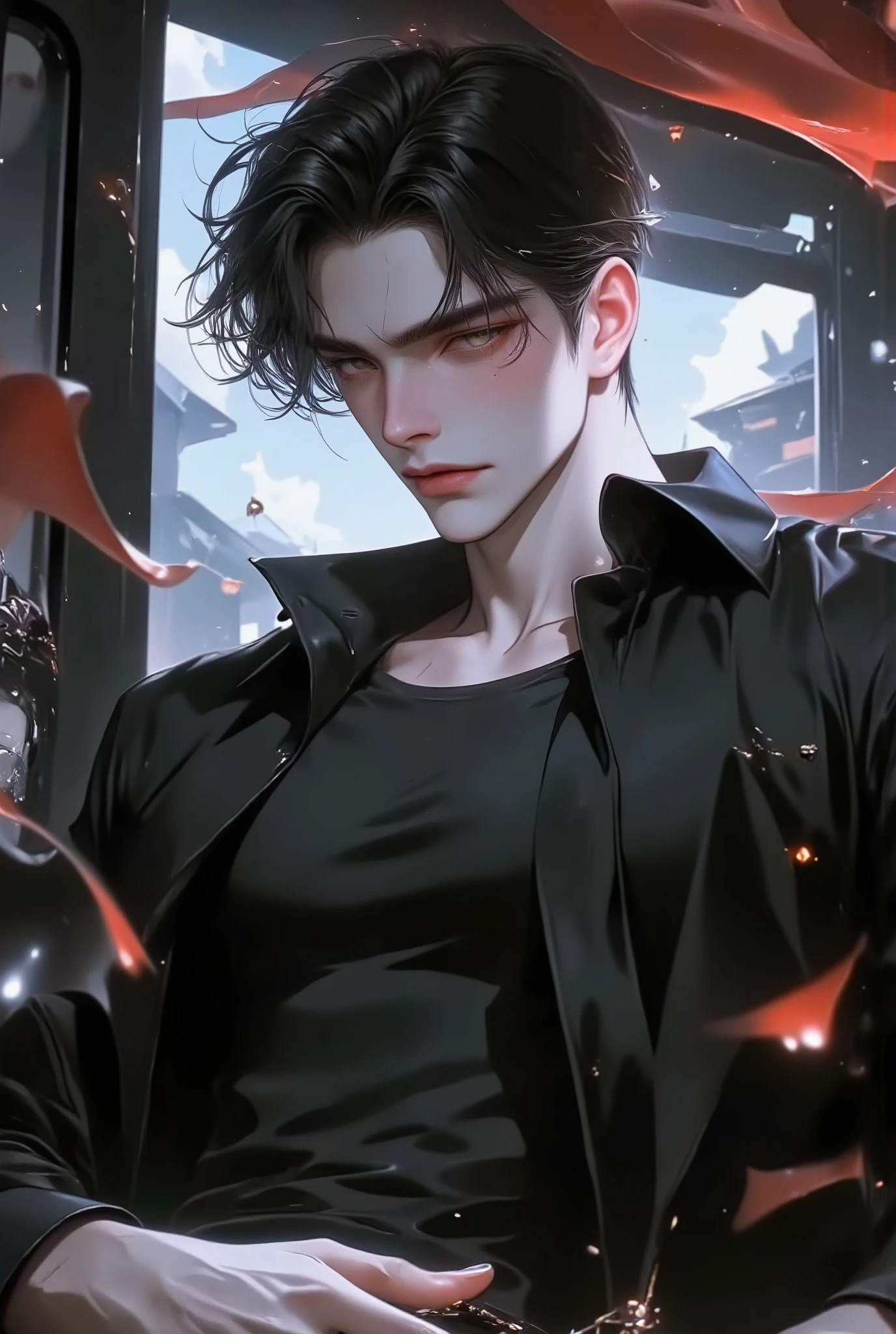 masterpiece, best quality, Detailed Eyes, Man, curtained hair, mature, sensual , handsome, Buff, fit, toned, pixie cut, looking at viewer, expressionless, half-closed eyes, cowboy shot, 1boys, {handsome}, high quality, high resolution illustration, {{masterpiece:1.5}}, realistic:1, finely detailed sharp eyes and ((detailed face)), best quality, pov, cinematic_lighting, bright,f ocus face, many brush strokes, splashing, upper body, dynamic pose, dynamic angle, black hair, grey-eyed, cigarette, smoke, smoking, black t-shirt, short hair, collarbone, short sleeves, veiny hands, veiny arms