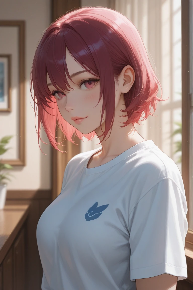 (masterpiece, best quality), 1girl, solo, tomboy, very short hair, pixie cut, red hair, crossed bangs, red eyes, small breasts, tall female, muscular, muscular female, sweatpants, t-shirt, dutch angle, sweat, sweatdrop, sweaty clothes, parted lips, heavy breathing, steaming body, exhausted, wiping sweat, outdoors, park, morning, see-through, looking at viewer, light smile, sexually suggestive