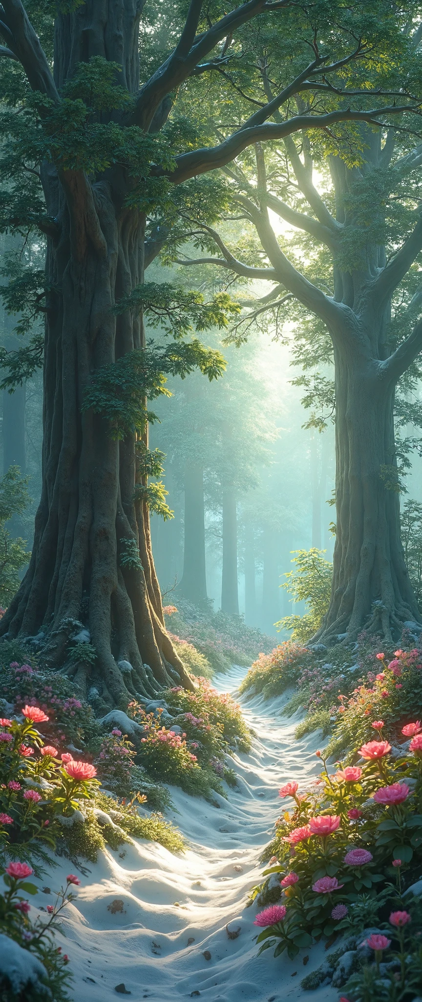  highdefinition images 、 tree々and seven-colored flowers、 A mysterious forest with magical beings hidden in the branches 、 8k 、 High quality Forest of Giants 、 tree漏れ陽、 Forest believed to be a fairy house、 A soft morning sun shines through the snow。