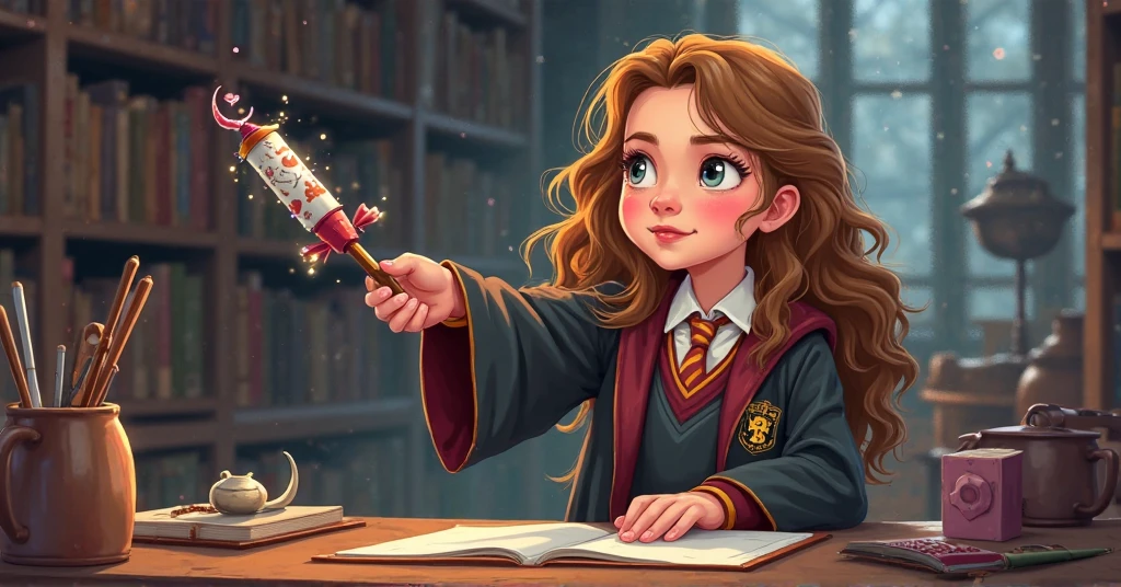 1girl, solo focus, child, light freckles, (9 year old), a young gir, Wave your magic wand，hermione granger,