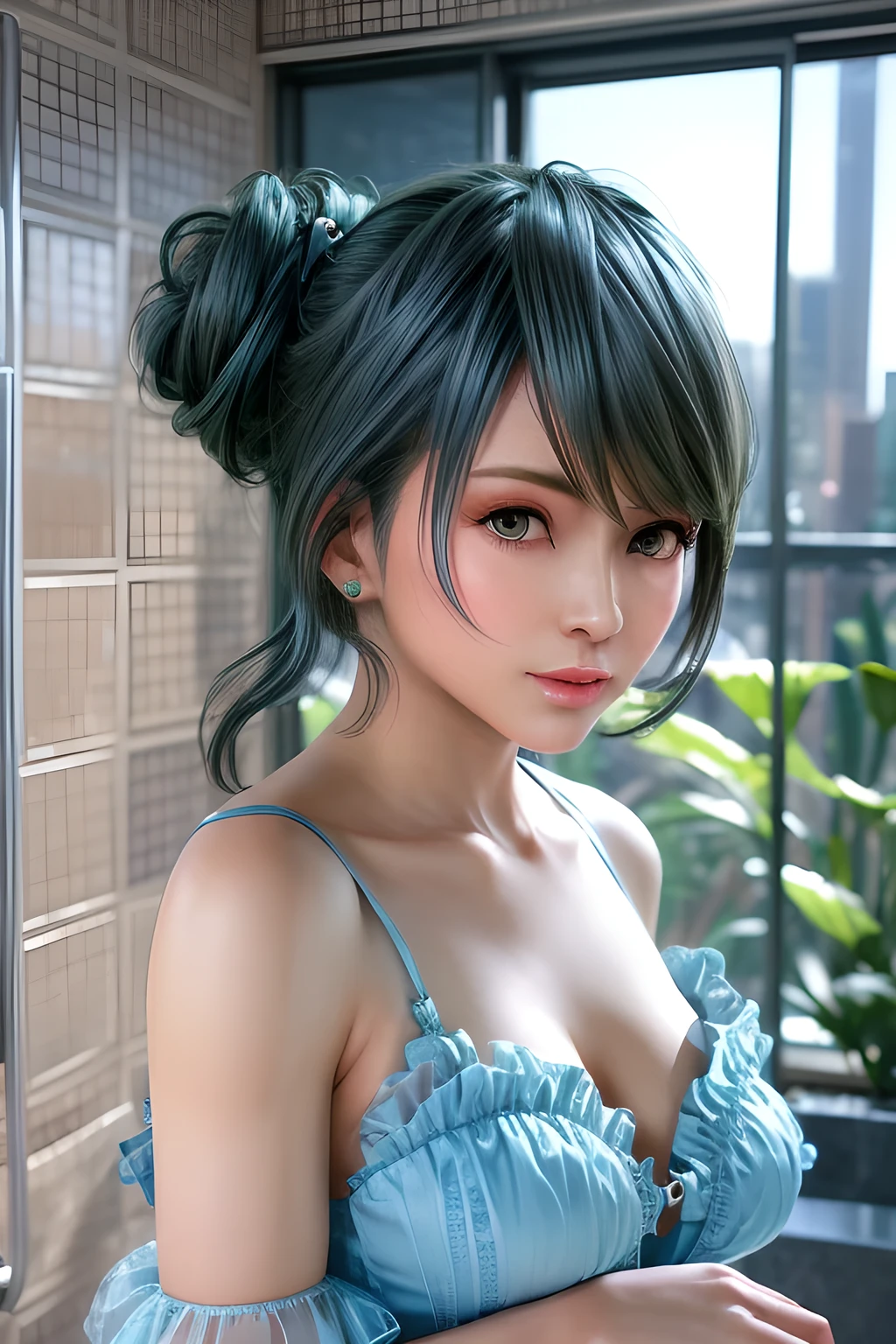 A tall, elegant woman wearing a light blue sheer evening gown with ruffle details and a high slit, standing in a modern bathroom with a glass wall overlooking a cityscape. Her hair is styled in an updo, The scene is illuminated with soft natural light, emphasizing a luxurious and sophisticated atmosphere. Photorealistic, ultra-detailed, 8K resolution.close up,