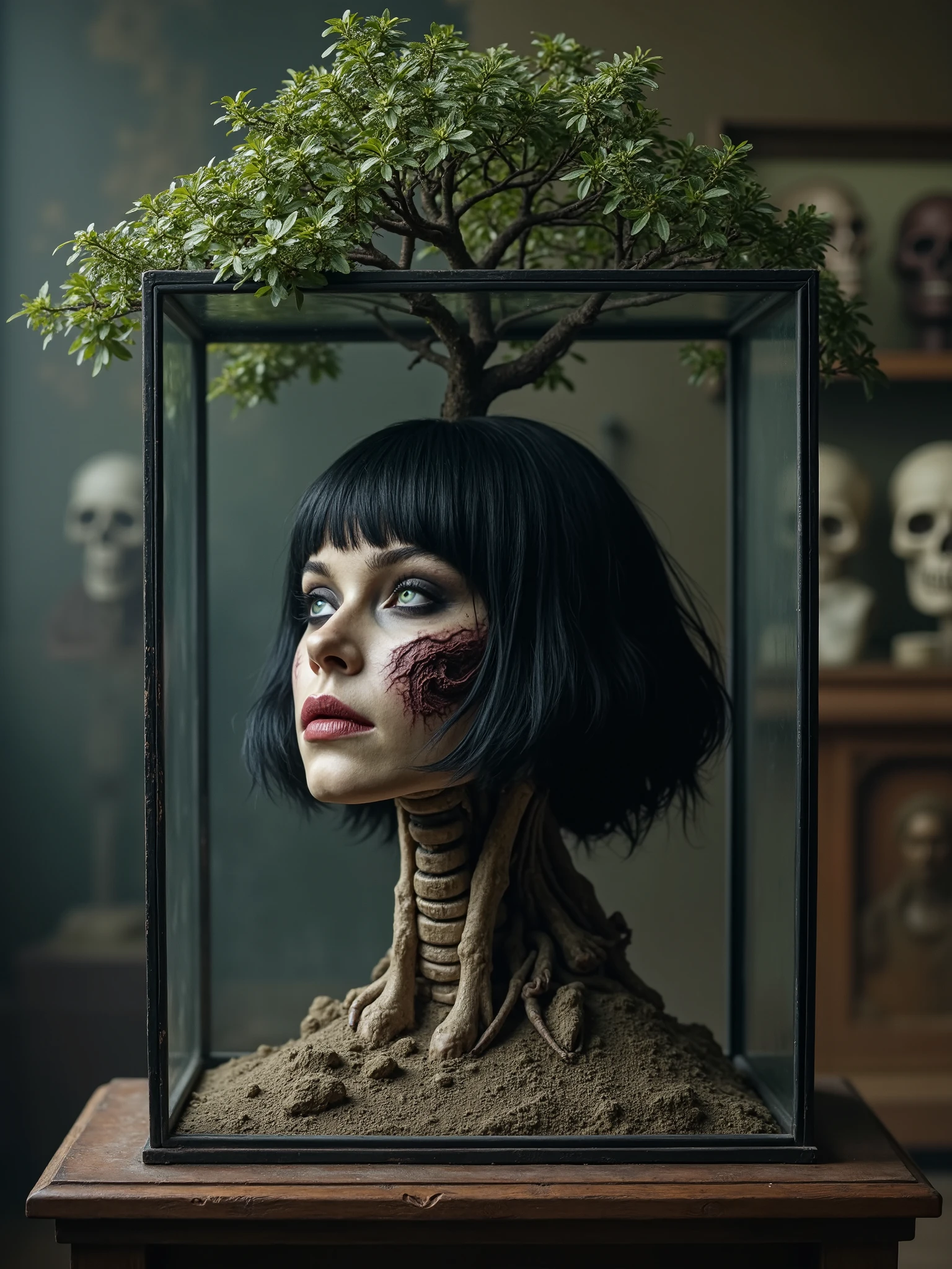 a beautiful black haired woman head with half rotting face and bones exposed inside a glass box in a museum with other monsters and creatures inside boxes in the background, Surreal horror photography, realistic dark art photography, darkness and melancholic ambience,the head grows like a tree From the neck trough the head a bonsai tree, Black tears and makeup, surrealism with sadness