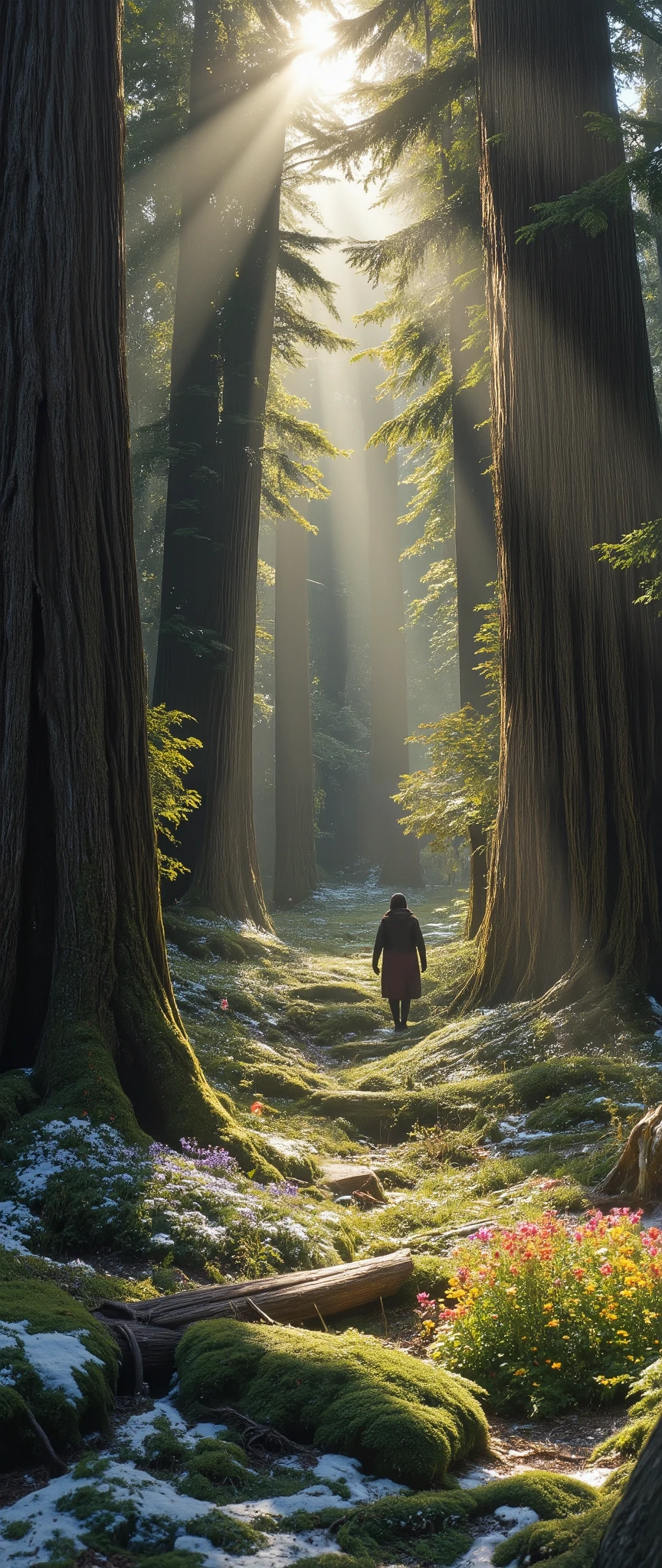 highdefinition images 、 tree々and seven-colored flowers、 A mysterious forest with magical beings hidden in the branches 、 8k 、 High quality Forest of Giants 、 tree漏れ陽、 Forest believed to be a fairy house、 A soft morning sun shines through the snow。
