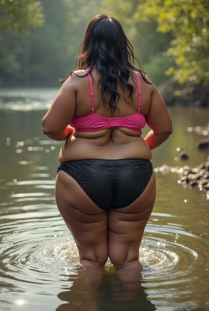 chubby mexican woman in transparent bikini in forest full body back view