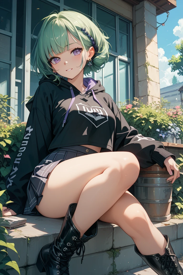   , Croped, , cleavage, slim waist, cropped hoodie underboob, cropped hoodieunderboobhoodie, 1girl, 2 wolf ears, wolf tail, marijuana crop hoodie, crop shorts, marijuana hoodie, spiky hair, spiky fur, green hair, red eyes,marijuana field scenery, tight clothes, perfect eyes, perfect hands, clear resolution, full body, cleavage skin, marijuana plants, open hoodie, marijuana scenery, black thigh high socks, full body, earrings, 1girl, skirt,  cleavage, slim waist, cleavage, slim waist, hair pulled back, 