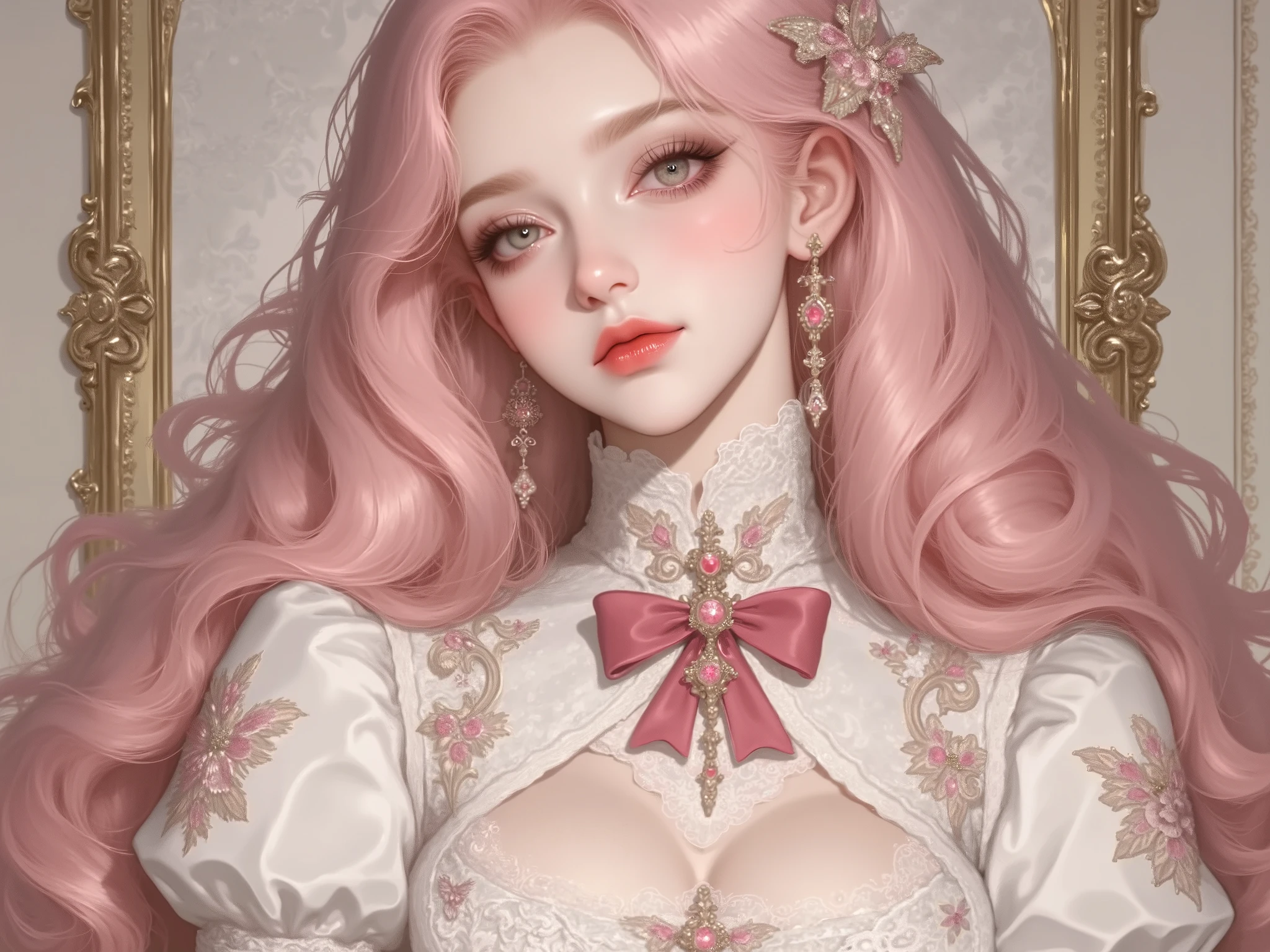 (best qualtiy), (tmasterpiece), (the detail:1.4)Cute girl,Long pink hair slightly curly,French bangs,There is not a trace of excess meat,Wear a thick sweater,With a little furry hat,The background is in the bedroom,It's sweet to laugh,Slim curves, High flexibility, A bad smiley face,Even the two thick eyebrows rippled softly,It seems to be smiling all the time,crooked,It's like a clear moon in the night sky。Fair skin sets off pale pink lips,Handsome and prominent facial features,Perfect face shape,In particular, He wears a dazzling earring on his left ear,The handsomeness of the sun,This adds a touch of uninhibition to her。。