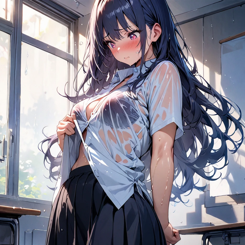 ((masterpiece,Highest quality;1.3,best illustration,realistic)),Being forced to expose your underwear、1woman、solo,22 year old Japanese beauty,((very small head:1.1)),center parted bangs,forehead,black hair,long hair,black eyes,gorgeous eyes,tears,shy,sad,medium breasts,((very long body)),((toned body,slender body,skinny)),gleaming skin,shiny skin,oily skin,(Dark blue pleated mini skirt、A rolled up skirt、White panties、Wet crotch)、White tank top、library、Tokyo、
