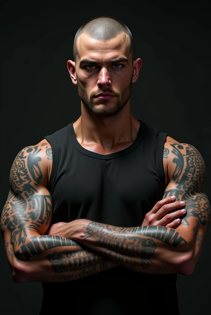 male torso, shirtless, fit, arms crossed, facing down, snake tails on head, photorealistic
