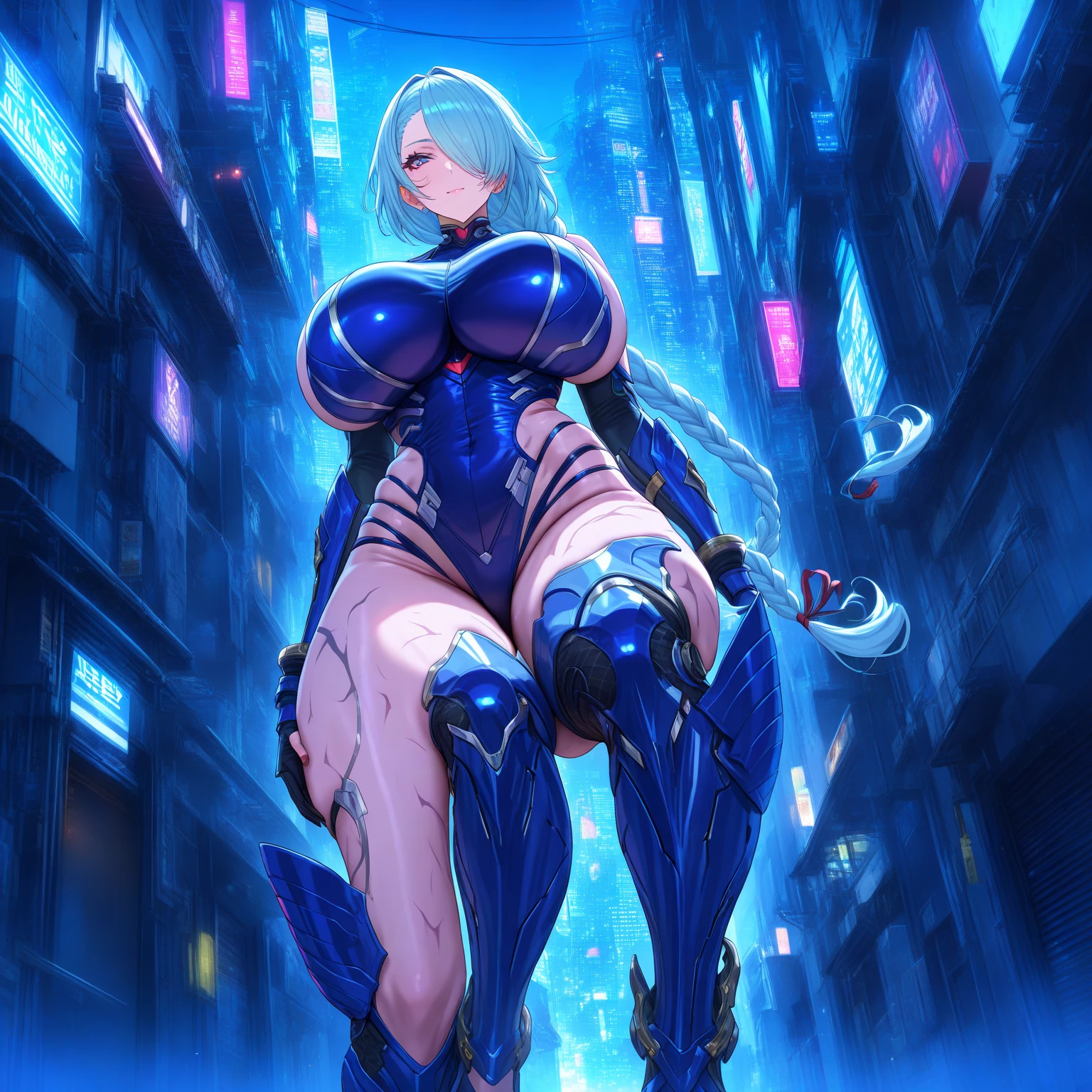 Eula, giantess, sitting on a city, body larger than city, huge thighs, wide hips, growth, muscular, anime style, genshin impact character, huge body