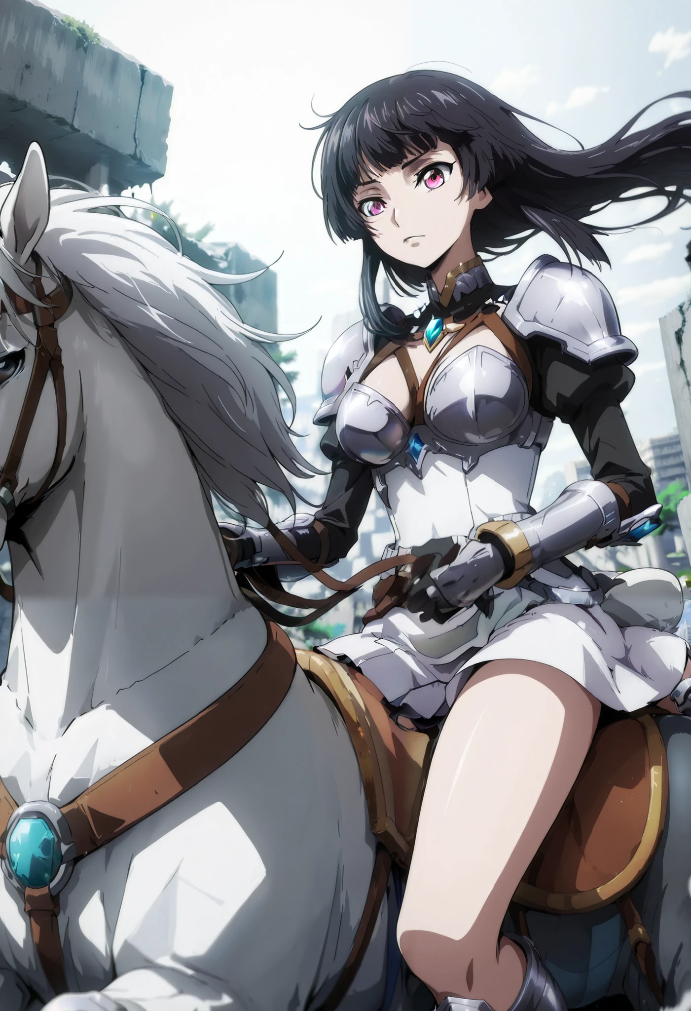  (masterpiece:1.3), (8K, best quality:1.3),, Highest image quality, intricate details, high resolution, depth field, Natural light, professional lighting, ((from front:1.5)), BREAK, kisyu, riding, horse, both hand holding rein, (a female knight riding a horse in forest city ruins full of moses, ((( kjosakuya, pink eyes, hime cut, long hair, {black hair}, medium breast]), (silver armor, silver shoulder pads, black sleeves, white miniskirt, gauntlet, gloves, bare legs, silver greaves)), ([white horse:1.2, white mane, long mane, black eyes, white tail, saddle, reins, bridle, stirrups, running), BREAK (forest, city ruins, walls covered with green moses, moses, fantasy settings:1, daylight), BREAK solo, anatomically correct
