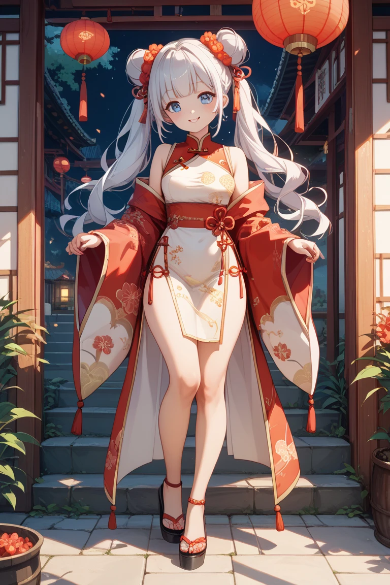 Illumination, 1 girl, kawaii, smile, slender body, (flat chest:1.3), sparkling, Chinese dress, vivid color, full body, extremely detailed, huge filesize, the best quality,