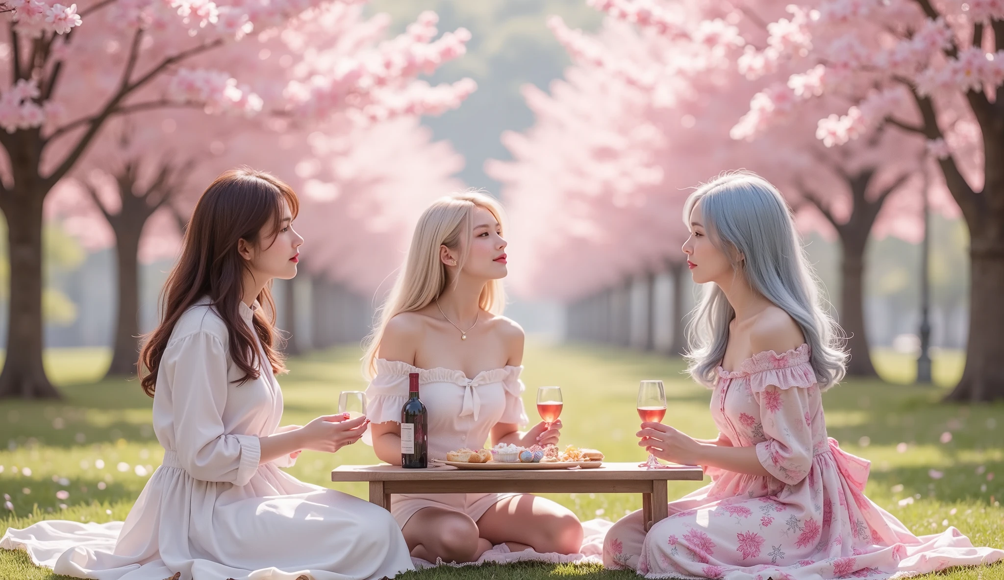 ((満開の桜並木の公園の bench)),((3,4人組のgirlたち)),(( picnic、Sandwiches、Lunch Box))、mix４、（Blond white hairlong hair）、（Short Hair、Chestnut-colored bob hair）,(Light Blue Sauvage Permanent Hair),Top quality work、Actual Work、Ultra Premium Graphics、8K HD CG Works、 high quality graphics 、 high-resolution CG work 、10x pixels、extremely fine details:1.1、Advanced technical details:1. 1 photorealistic 、natural light:1.5。(空を見上げているgirl) 、( dyes her cheeks),（too）、(lays),(四つん這いになるgirl),((Blond white hair、long hair)),(ponytail from Yubi's point of view)Light effects( VIRTUAL LIGHT EFFECTS:1.8)、、Transparent Hair、Detailed Hair(Premium Hair Detail:1.1)Clear Eyes、beautiful double eyelids of a man with one woman、Sharp Eye Makeup(RAW shooting、(1.5、8k、Highest Image Quality、masterpiece、super high resolution、oil)、perfect dynamic composition:1.2、(Lakeside Park）、of hands scooping water look up at the sky:1.3、High Definition Skin and Face Textures:1.2、Beautiful Women:1.3、Highly Detailed Skin and Face Textures:1.2、 healthy 、sexy beauty、perfect style:1.2、Aesthetic and beautiful 、white skin、very beautiful face、(wet hair：1.4、wet hair：1. 2)、 healthy 艶のある肌、(big breasts)、(shy laugh、(  bench、長椅子に座っているgirlたち)、(Fun drinking ),(Expressions of joy)、(Beautiful Blue Eyes)、perfect body、 perfect fingertips、)、top quality movie、live-action movie、super premium graphics、super high definition movie、live-action movie、super high definition movie、super premium graphics アクション映画、Ultra Premium Graphics、8K HD CG Works、high-definition graphics、High-definition CG works、10x pixels、 Ultra Fine Details ： 1. 1、Advanced Technical Details:1.1、photorealistic happy expressions、室内Lighting Effects:1.5、natural light:1.5、Lighting Effects(仮想Lighting Effects:1. 8)、(Thin eyebrows)、(high nose)、(Beautiful red lips)、(Rose Cheek)、(Subtle makeup face)、(girl)、(cute face)、(perfect balance face)、(明るい foundation)、(明るい foundation)、(明るい foundation)。  foundation)、(Clear Skin)mix４、((Off Shoulder、sheer white blouse))、((black tight skirt))、Different Eyes、銀髪のgirl、Off Shoulder、Wallpaper HD、( thin legs)、(bright face and chest)、((((under-bobbed chest))))、Underbab、oily skin、(((Underbab、 when my chest ))))。black miniskirt skirt))、 ( black pantyhose) 、((Floral Dress on a White Background、Mini skirt type))long legs、 ((high heels))、 cleavage coordination 、(full body angle)、 ( 桜並木の benchに座っている女性 )、 ( full body angle)、 ((petals are dancing))、 (( Flower blowing snow))、
