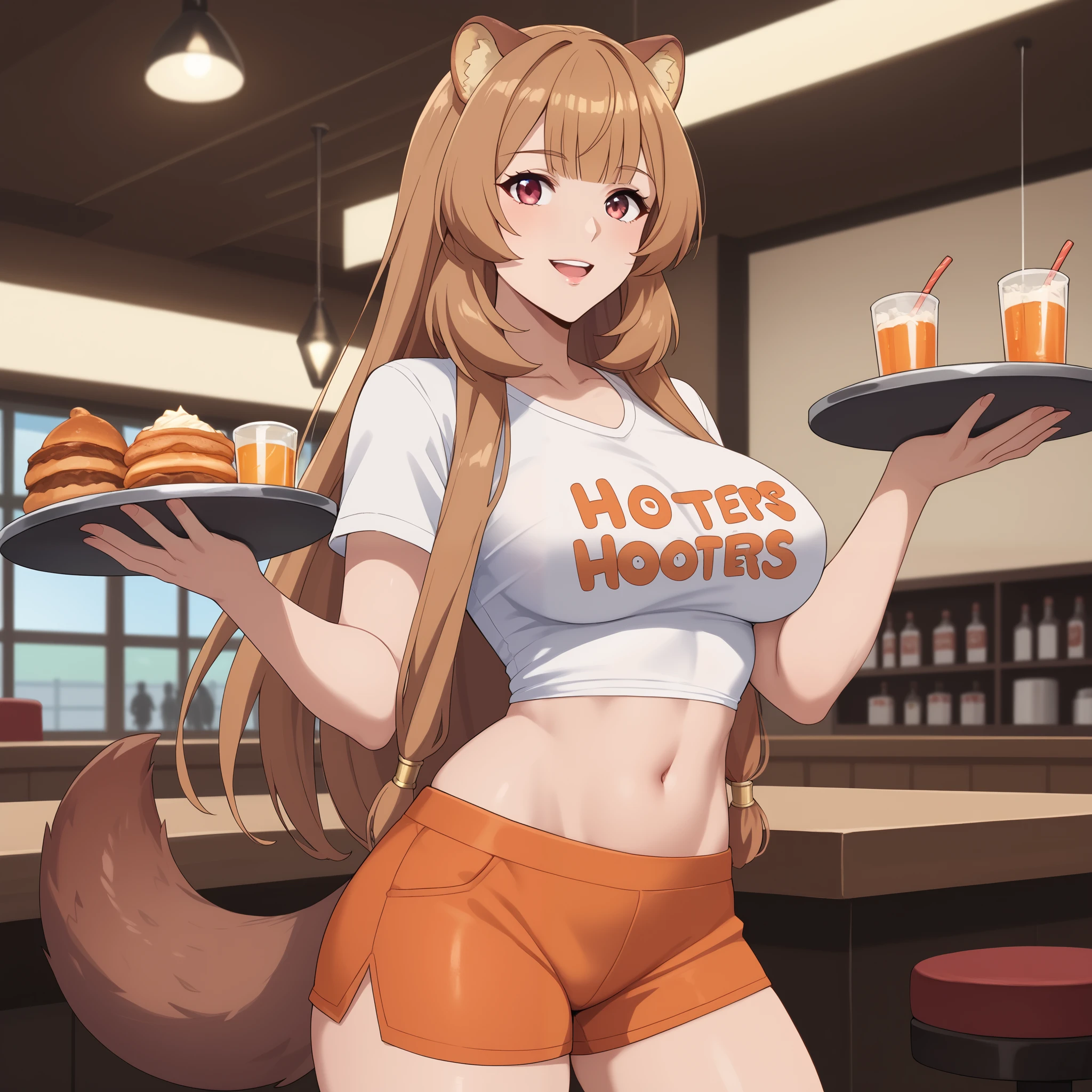 Raphtalia of The Rising of the Shield Hero is inside a lively and modern restaurant, wearing a tight Hooters uniform that highlights her figure. Her long, orange hair falls in soft waves on her shoulders, with her tanuki ears raised in a mischievous expression. big breasts. Her outfit consists of a tight and slightly translucent white t-shirt, , subtly revealing the shape of her skin underneath. The fabric adheres to her curvaceous body, highlighting her bulky breasts and warm skin tone. Her navel is exposed, while her orange shorts are extremely tight, , moulding perfectly to her hips and thighs. Her charming and flirty smile illuminates her face, with her vibrant red eyes reflecting the warm light of the restaurant. In one hand she holds a tray with drinks, while the other one rests on her hip in a confident and relaxed pose. The background shows the interior of the Hooters, style restaurant with warm and detailed lighting ufotable, highlighting the textures of the wood and the vibrant atmosphere. The scene has realistic shadows and soft reflections, adding a cinematic touch. Behind Raphtalia, some customers enjoy their meal while other waitresses attend the tables, creating a lively and welcoming environment.