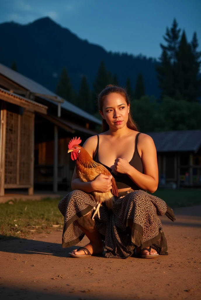 A 30-year-old woman with a slender oval face, red lips, and long, brown hair tied up in a samurai bun, is sitting in various seductive poses on a large stone, next to a giant rooster, on Bali Island, Indonesia. Her eyes gaze straight ahead, with a charming smile and adorned with multiple pieces of jewelry. Her fair skin is smooth and toned, with an alluringly large bust and hips. She is wearing a bikini printed with white rose patterns, her arms raised high, posing in various styles.