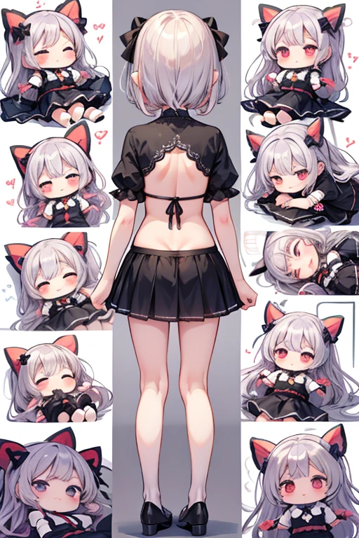 {best quality},{highly detailed},{ultra-detailed},masterpiece,Four-square，comic style，(((Different poses of the same character))),(((Three View))),(((Character map))),1girl，White hair and red eyes