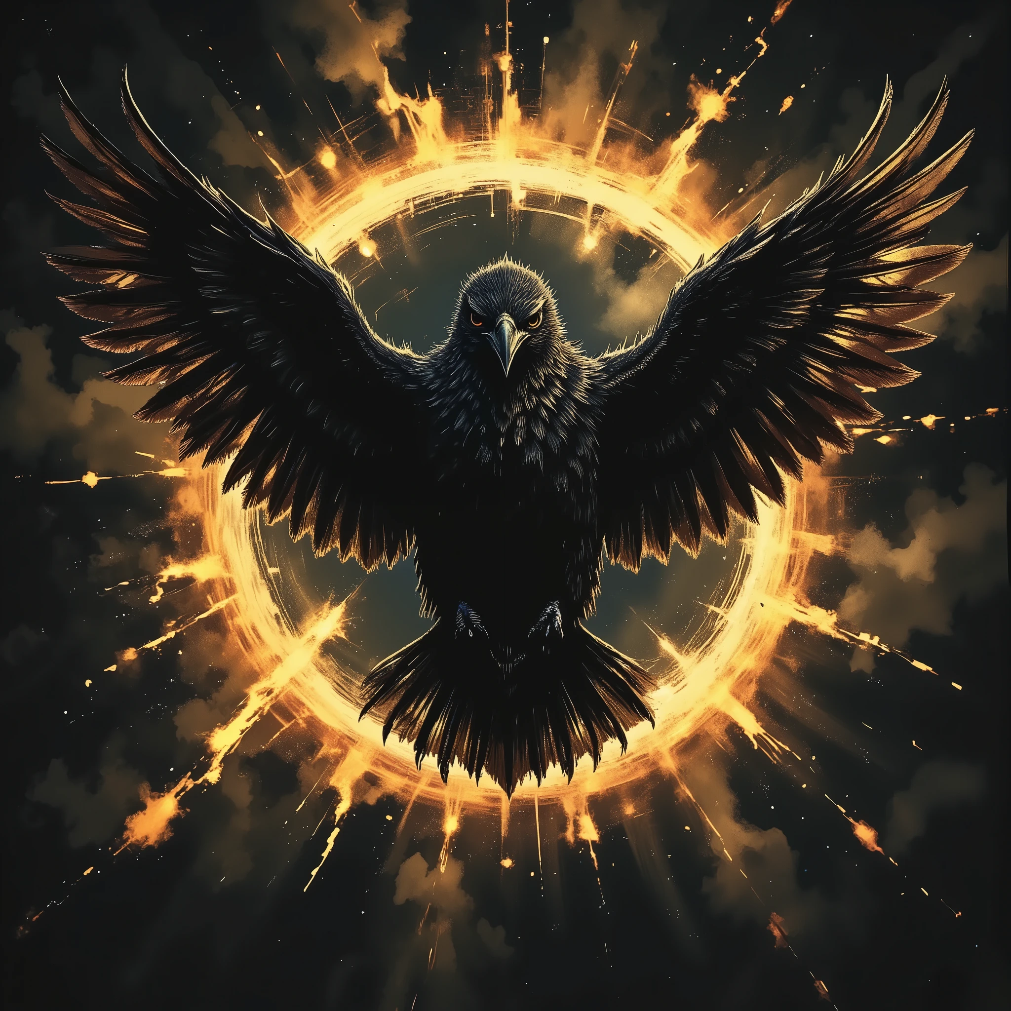 A jet-black bird with a glowing, golden ring around its body, resembling a solar eclipse. When it flies, shadows bend toward it, distorting reality