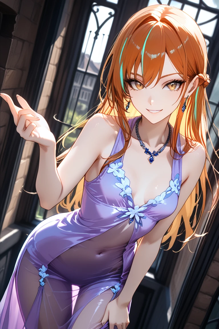 masterpiece, best quality, ultra-detailed, 1girl (namiop, sexual slavery of old man,Big and pretty breasts,naked body, jewelry, earrings, dog collar(chains), orange hair,long hair, brown eyes, empty eye), a shallow face, wicked smile, pink lipstick, soft makeup, parted lips, facing viewer, looking at viewer, solo, nude, see-through dress, long dress, cleavage, sideless, wanostyle, in the bedroom, slave , standing, Sexy waist teasing, come-on, lure