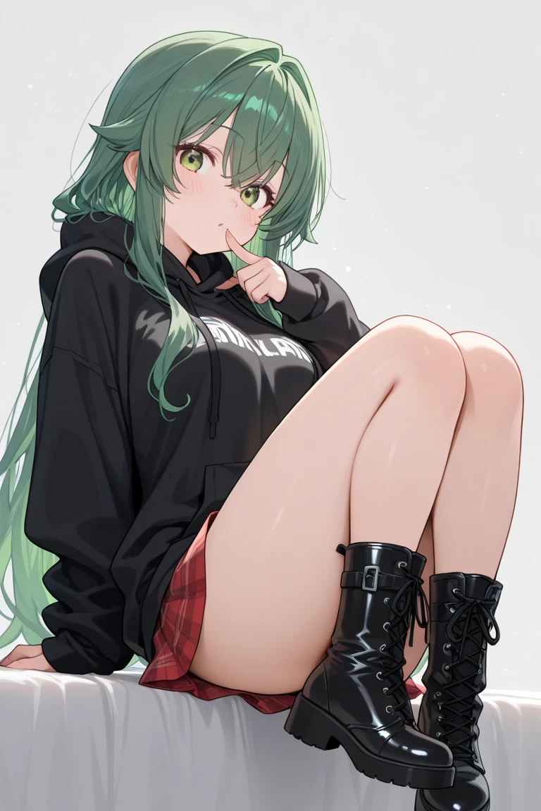 1 girl, alone, breasts, looking at viewer, blush, smile, bangs, skirt, big breasts, red eyes, long sleeves, hair between eyes, underwear, jacket, pleated skirt, green hair, fang , hoodie, miniskirt, black skirt, medium hair, V-shaped eyebrows, hoodie, black bra, hooded jacket, hoodie up, green jacket, microskirt, green hoodie,black stockings, long stockings, tight stockings,