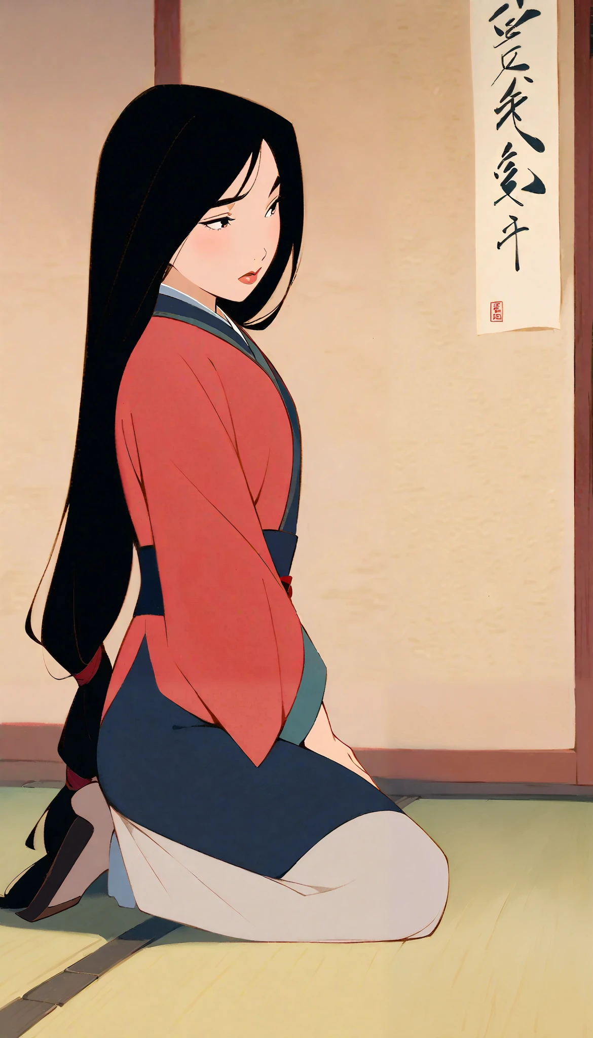 Hua Mulan，Show female bravery，shy，like a porcelain doll, fine features, delicate，Black and red color scheme，poster，iconic disney characters。shonen style, anime style, straight hair, ((black hair)), ((long hair)) ,chinese young woman warrior, traditional japanese dress, seiza posiion, tatami, shyness, from up to down, fantastic lighting, detailed,, blossom, ((looking down)), ((really shy))
your cheeks are red from so much shyness
