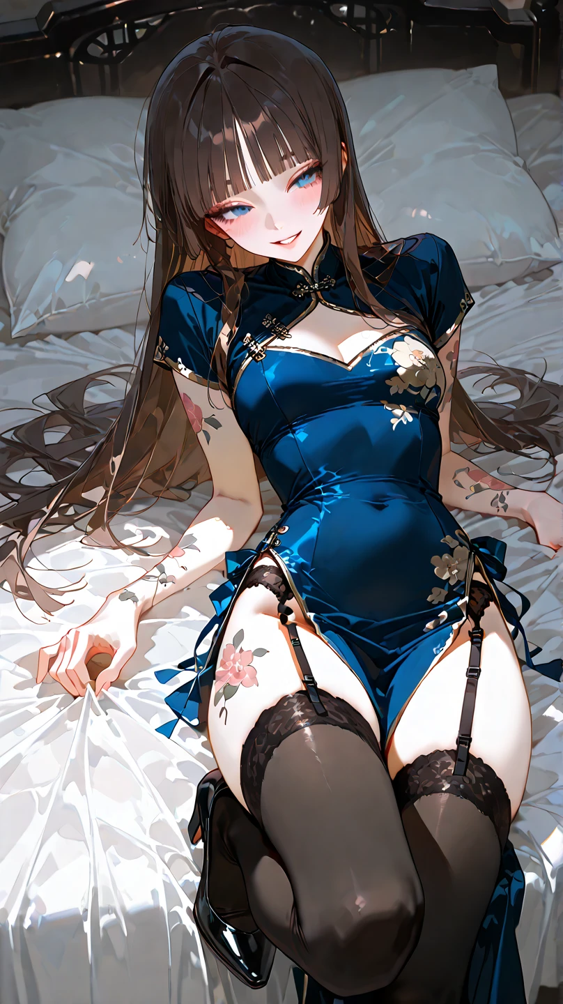 RUANMEI,Bangs,Long hair,skirt,Gloves,Hair between the eyes,Jewelry,Hair accessories,blue eyes,Black Hair,flower,black Gloves,blue skirt,indoors,bedroom,on the bed,A faint smile,wet, 1 Girl,
, (masterpiece,best quality:1.2),absurd,whole body,,pretty feet,Bare legs,sexy,tall,thin legs,ass,after having sex