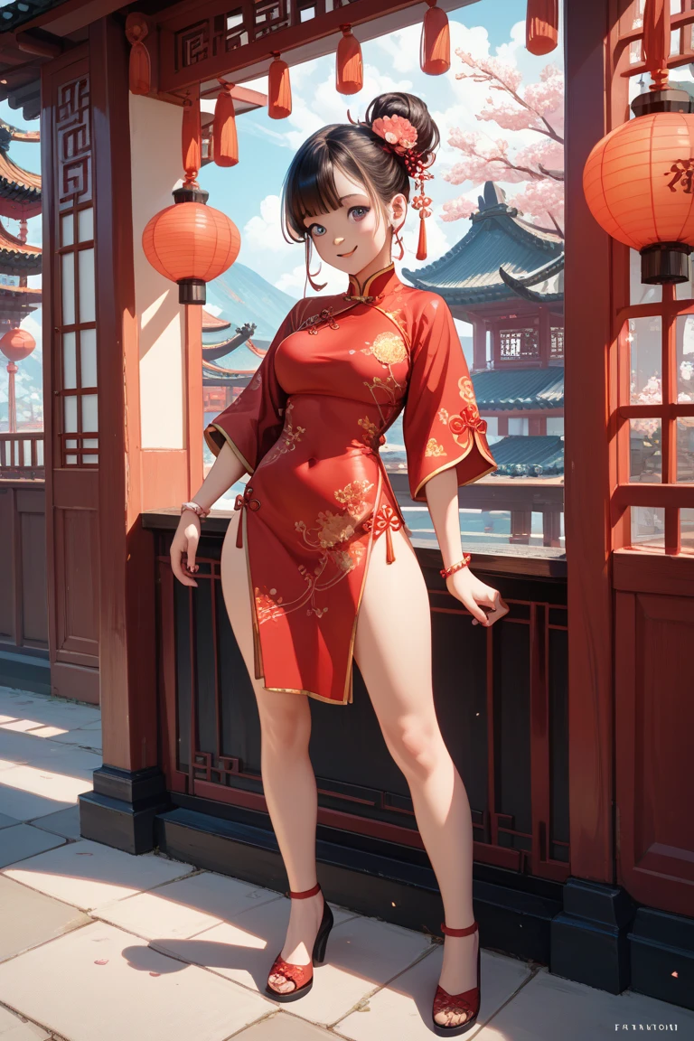 (masterpiece), (Highest quality), (Very detailed), Intricate details, 1 girl, alone, Red eyes, Red Hair, short hair, Hair Bun, Medium breath, Red fingerless gloves, White Chinese Dress ,Shorts, short boots,(Outdoor), photo shoot, smile, blush, sunny, Browsing Caution, Kung Fu Pose, Blurred Background, Street background, information, Glamorous figure, Big breasts