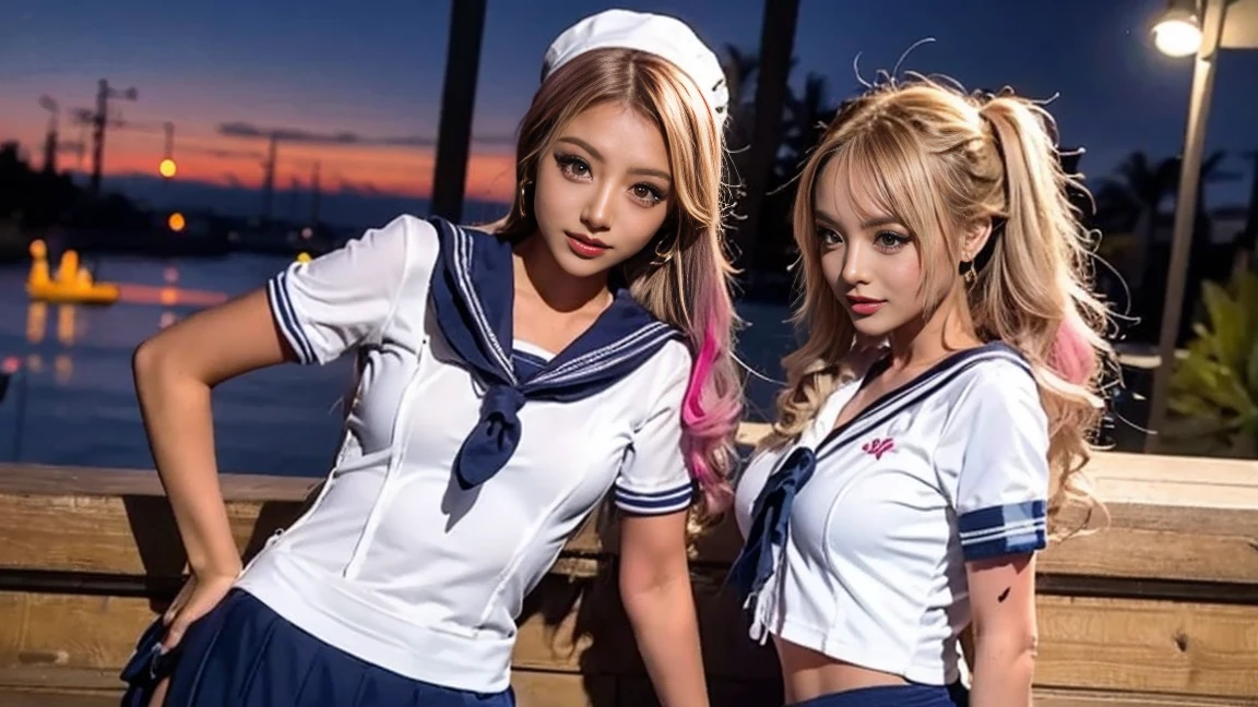 Blonde, 4K, show off breasts, show off panties, high school girl, 3 people,Sailor suit