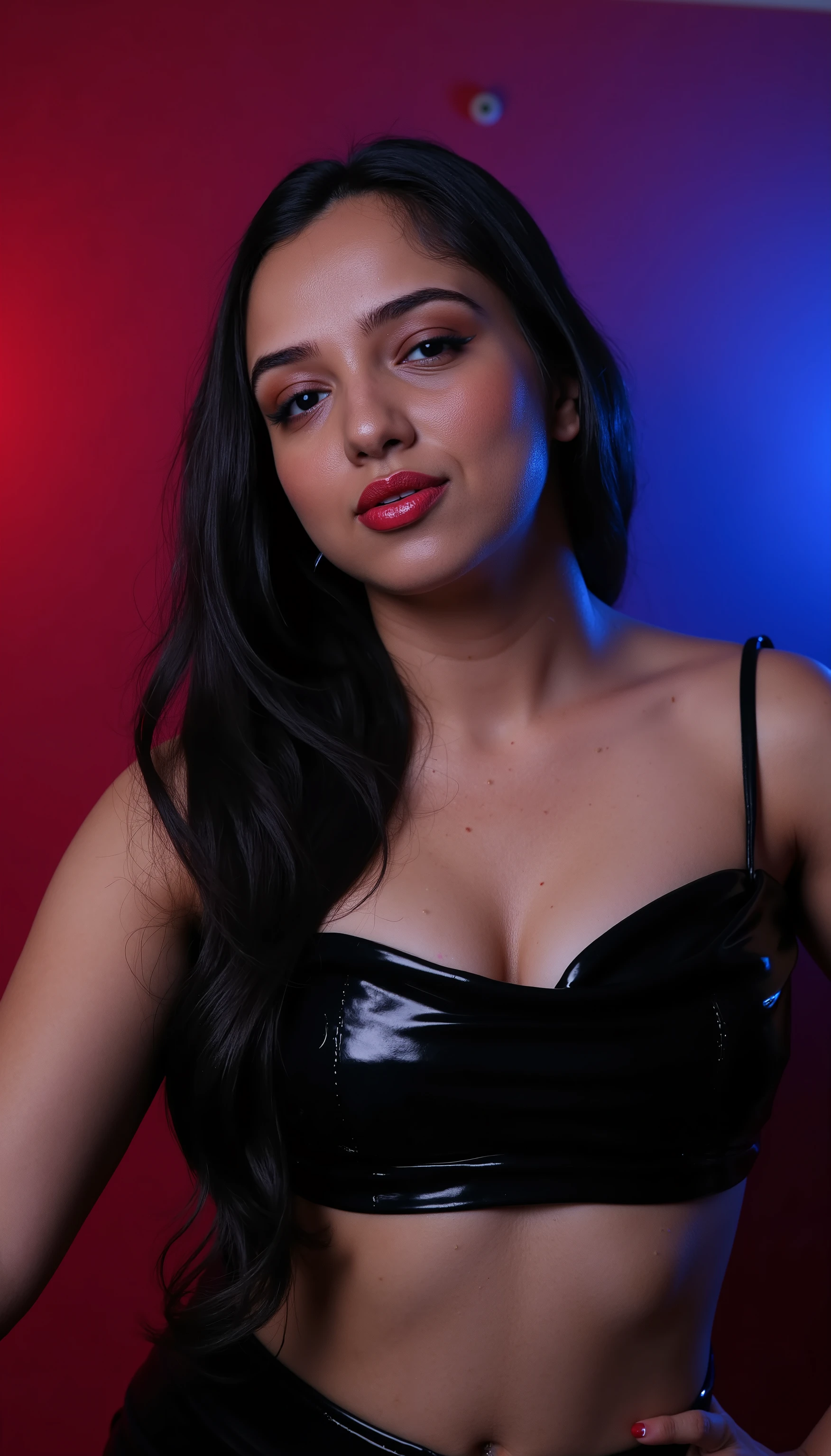 A glossy black latex crop top hugging her body, reflecting the soft red and blue hues of the room. Droplets of sweat form on her skin, emphasizing the sensual and bold aesthetic.