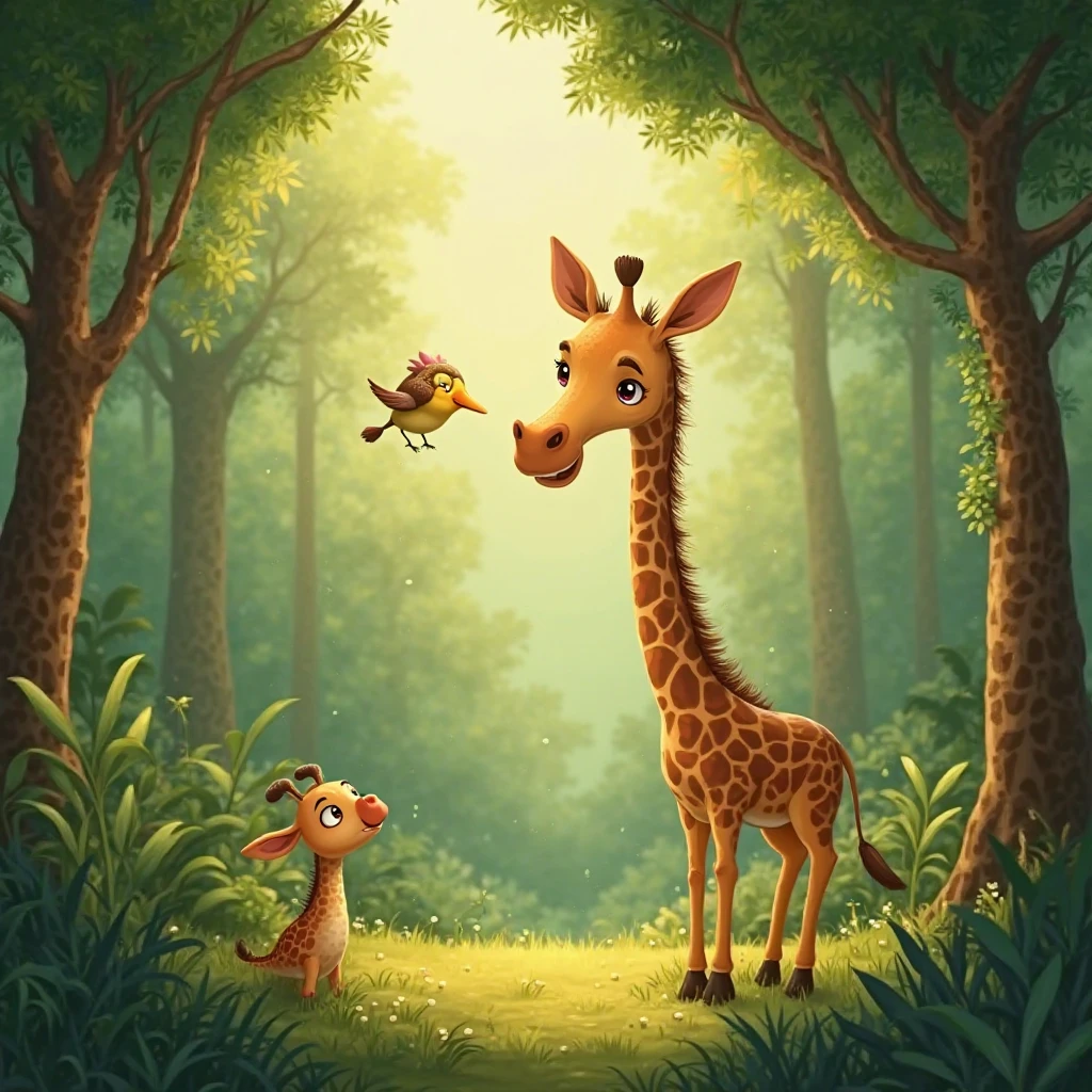 A giraffe (jerapah) standing tall in the savannah, reaching up to eat leaves from a tree. Text overlay: 'J untuk jerapah'. The giraffe is depicted in a majestic manner, with a bright and sunny background. inspired by Goro Fujita, promotional art, illustration for children, by Choi Buk, by Murakami, 2d digital illustration