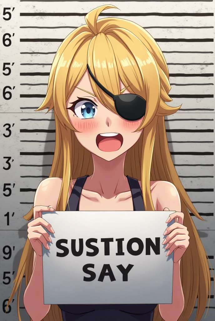 mugshot, view the viewer, Huge breast, prisoner, prison girl, jailed, prisoned, Striped black and white prison jumpsuit, Handcuffed, Restrained, shackle, domina, jail cell, lock, long blonde hair, blue eyes