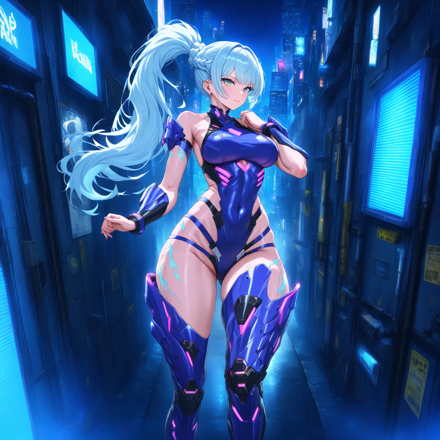 <lora:Bluerose_Face-10:1>outdoor,street,Masterpeace,high quality,Bluerose_Face, 1girl, solo, short hair, blue eyes, thighhighs,hat, cleavage, bare shoulders, jewelry, medium breasts, blue hair, elbow gloves, high heels, makeup, thigh boots, lipstick, superhero, blue lips,hand on hip, standing