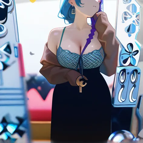 realisticlying，1girl，Blue hair，Purple eye，glowing light eyes，Cut the top，a skirt，parted lip，Be red in the face，the night，fresh flowers，suns，rays of sunshine，Holding a red iPhone，Beautiful and moving，Japan goddess，Take pink female LV bags