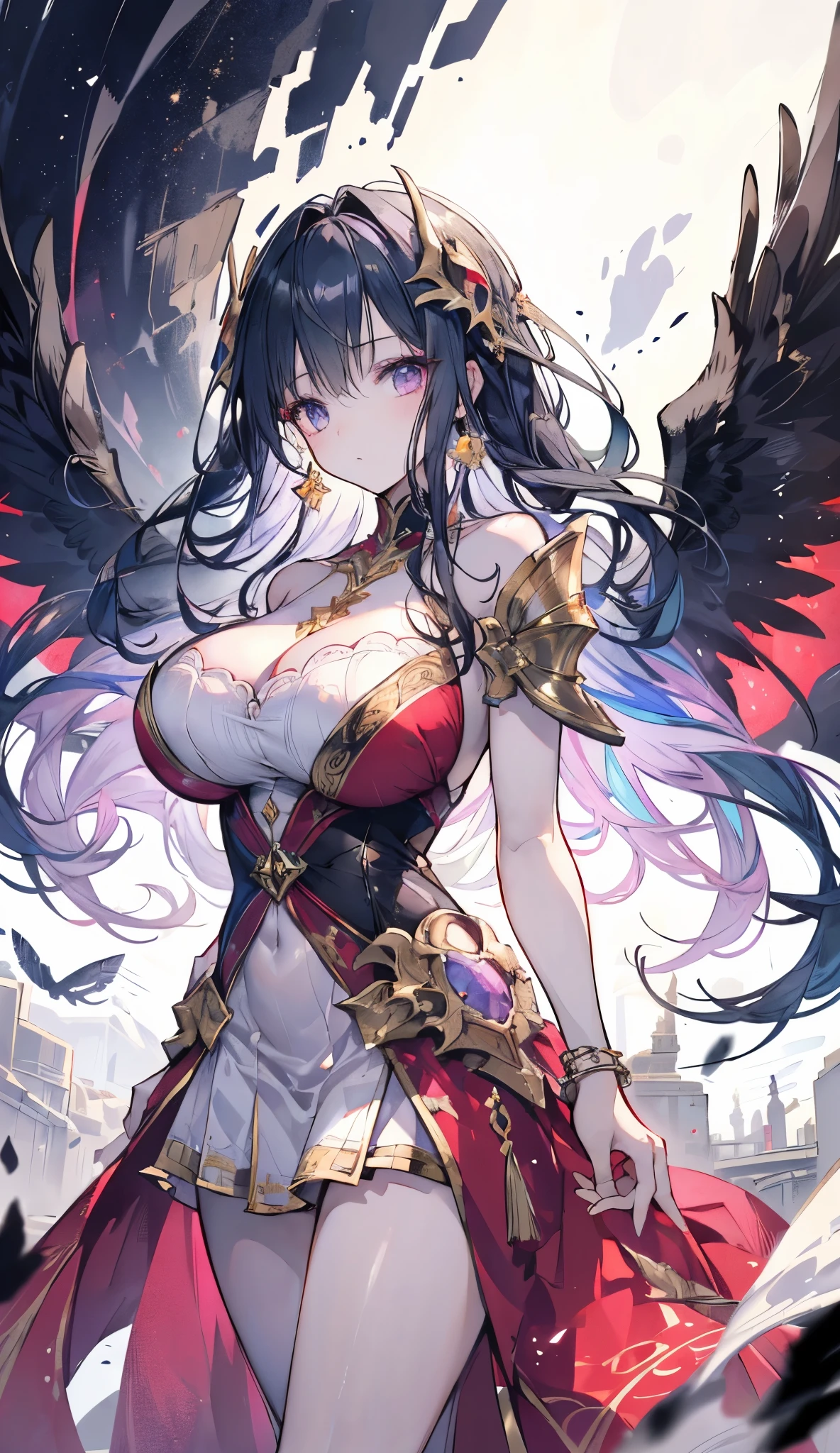 high quality, Super detailed, 最high quality, Very detailed, beautiful, masterpiece, One girl, Medieval square, Cowboy Shot, Red eyes, Long Hair, Purple Hair, Belly Dancer, Circlet, Earrings, Bracelet, bracelet, A shy smile, Large Breasts, Cleavage, Soft belly