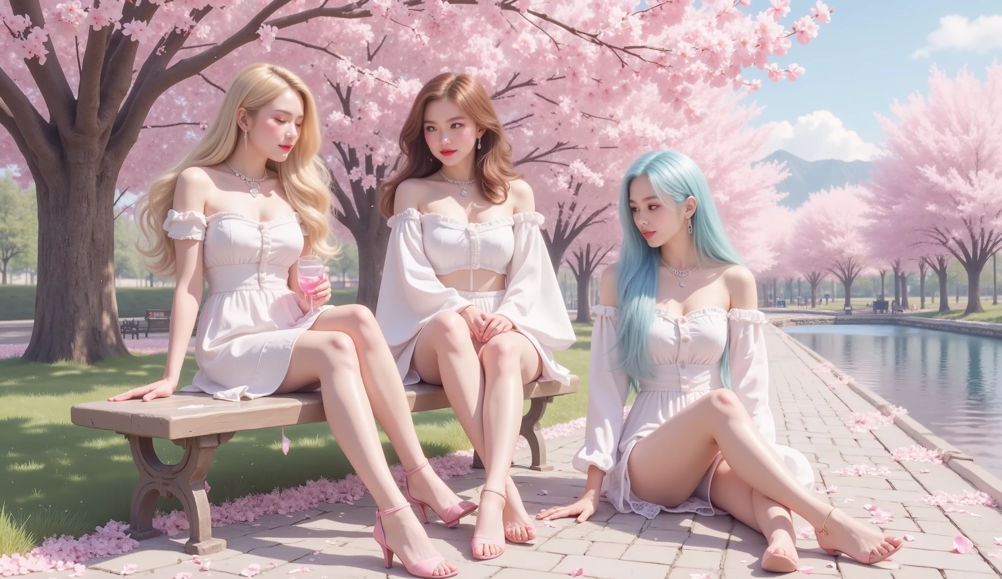 ((満開の桜並木の公園の bench)),((3,group of 4 women)),(( picnic、Sandwiches、Lunch Box))、(adult woman),(mix4)、(Blond white hairlong hair)、(Short Hair、Chestnut-colored bob hair),(Light Blue Sauvage Permanent Hair),Top quality work、Actual Work、Ultra Premium Graphics、8K HD CG Works、 high quality graphics 、 high-resolution CG work 、10x pixels、extremely fine details:1.1、Advanced technical details:1. 1 photorealistic 、natural light:1.5。(空を見上げているgirl) 、( dyes her cheeks),(too)、((lays)),((四つん這いになるgirl)),((Blond white hair、long hair)),(ponytail from Yubi's point of view)Light effects( VIRTUAL LIGHT EFFECTS:1.8)、( wine glasses)、Transparent Hair、Detailed Hair(Premium Hair Detail:1.1),((big blue eyes))、beautiful double eyelids of a man with one woman、Sharp Eye Makeup(RAW shooting、(1.5、8k、Highest Image Quality、masterpiece、super high resolution、oil)、perfect dynamic composition:1.2、(Lakeside Park)、of hands scooping water look up at the sky:1.3、High Definition Skin and Face Textures:1.2、Beautiful Women:1.3、Highly Detailed Skin and Face Textures:1.2、 healthy 、sexy beauty、perfect style:1.2、Aesthetic and beautiful 、white skin、very beautiful face、(wet hair:1.4、wet hair:1. 2)、 healthy 艶のある肌、(big breasts)、(shy laugh、( bench、長椅子に座っているgirlたち)、(Fun drinking ),(Expressions of joy)、(Beautiful Blue Eyes)、perfect body、 perfect fingertips、)、top quality movie、live-action movie、super premium graphics、super high definition movie、live-action movie、super high definition movie、super premium graphics アクション映画、Ultra Premium Graphics、8K HD CG Works、high-definition graphics、High-definition CG works、10x pixels、 Ultra Fine Details : 1. 1、Advanced Technical Details:1.1、photorealistic happy expressions、室内Lighting Effects:1.5、natural light:1.5、Lighting Effects(仮想Lighting Effects:1. 8)、(Thin eyebrows)、(high nose)、(Beautiful red lips)、(Rose Cheek)、(Subtle makeup face)、(girl)、(cute face)、(perfect balance face)、(明るい foundation)、(明るい foundation)、(明るい foundation)。 foundation)、(Clear Skin)mix4、((Off Shoulder、sheer white blouse))、((black tight skirt))、Different Eyes、銀髪のgirl、Off Shoulder、Wallpaper HD、( thin legs)、(bright face and chest)、((((under-bobbed chest))))、Underbab、oily skin、(((Underbab、 when my chest ))))。black miniskirt skirt))、 ( black pantyhose) 、((Floral Dress on a White Background、Mini skirt type))long legs、 ((high heels))、 cleavage coordination 、(full body angle)、 ( 桜並木の benchに座っている女性 )、 ( full body angle)、 ((petals are dancing))、 (( Flower blowing snow))、