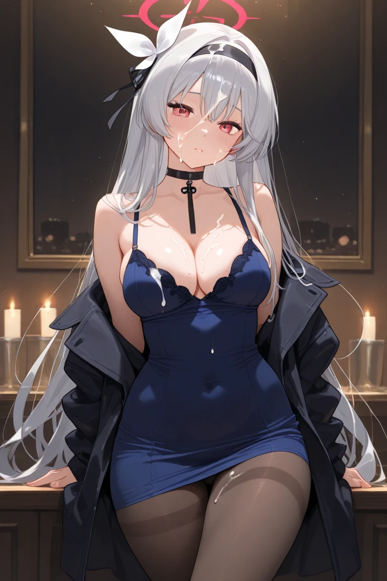 1girl, tall girl, long hair, white hair, black stockings, NSFW, uncensored, high quality, hd, black blindfold, no bra, looking at sky, night, rain, small boobs, white apron, kitchen, BDSM