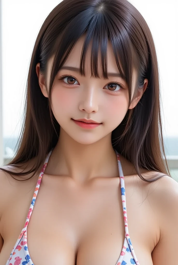Beautiful young spanish 16yo 1girl, (blonde:0.1) brown hair, , smiling, (in beautiful sheer Ukrainian national costume embroidery ornament white, black:0.1), sunny day, botanical garden, realistic, (in beautiful strappless tanktop:0.1) , small bust, light blue micro bikini, do not emphasize the top of the bust,