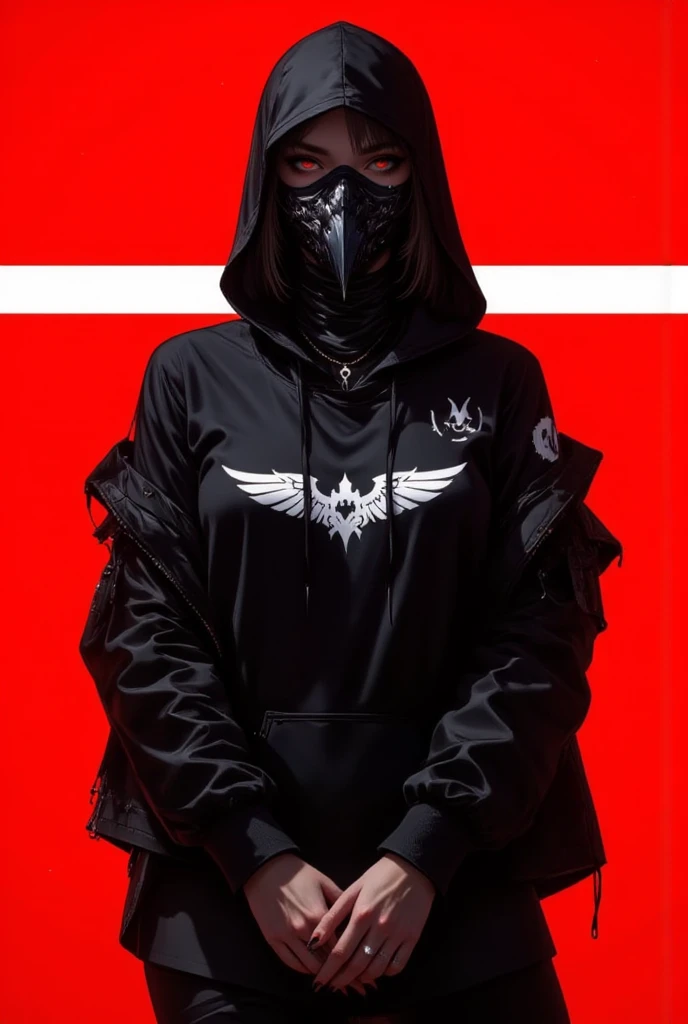 Realistic back teenager dressed in Alan Walker costume with a logo with the name D-WALXNNER with headphones and a saibor arm