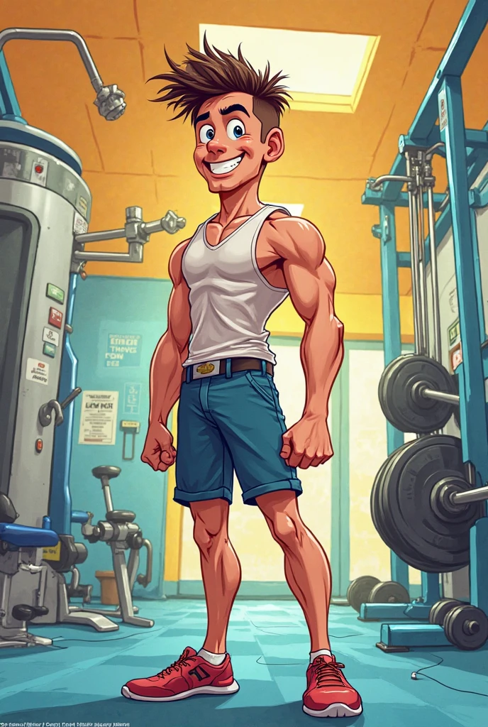 "Draw a stick figure character working out at the gym. It should have simple yet expressive features, with exaggerated muscles in the arms and legs for a humorous touch. The character could be lifting weights, doing push-ups, or any other bodybuilding exercise, wearing accessories like a headband or workout gloves. The scene should be fun and charismatic, capturing the cheerful spirit of a gym enthusiast."