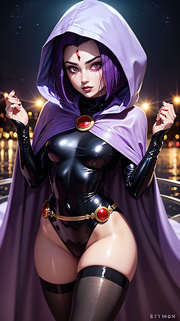 masterpiece, highres, photorealistic, real, best quality, 8k, best quality, realistic, ultra-detailed, perfect lighting, cinematic lighting, female, mature, 1girl, solo, looking at viewer, portrait, city, night, rooftop, city lights, moon, dark, galaxy, skyscrappers, 1girl, raven \(dc\), black leotard, black cape, hood up, purple hair, forehead jewel, purple eyes, short hair, belt, cleavage, blue hue, covered, sakimichan ,petite figure, (huge chest, wild girl, small head)), (perfect body: 1,5), (camel toe: 2), barefoot, highres, looking_at_viewer,