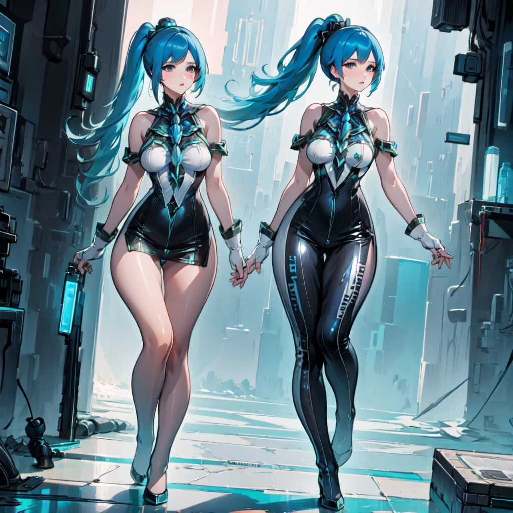 Two anime girls in latex posing for photos, biomechanical oppai, an oppai cyberpunk, Chic, vermillion and cyan, red and cyan, Anime Girls, oppai, cutesexyrobutts, oppai proportions, two beautiful anime girls, Ecchi anime style, Ecchi style,