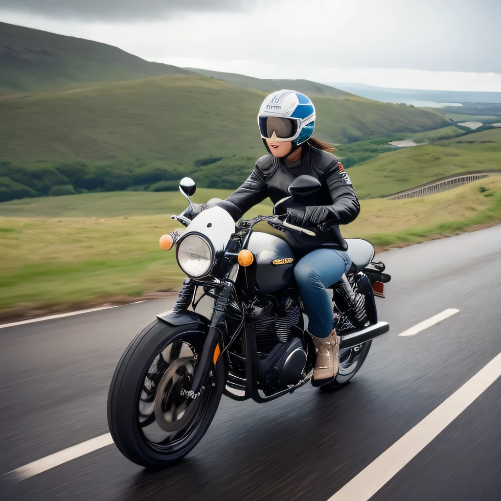 (A young female rider speeds along on a motorcycle)、Vintage Bikes、Bluff Superior SS100、Isle of Man Races、Leather jumper、Cromwell helmet with goggles、After the Rain、English countryside、(Highest quality, masterpiece, High resolution)、8k、wallpaper,masterpiece, best quality extremely beautiful and fain colors ,cute face ,