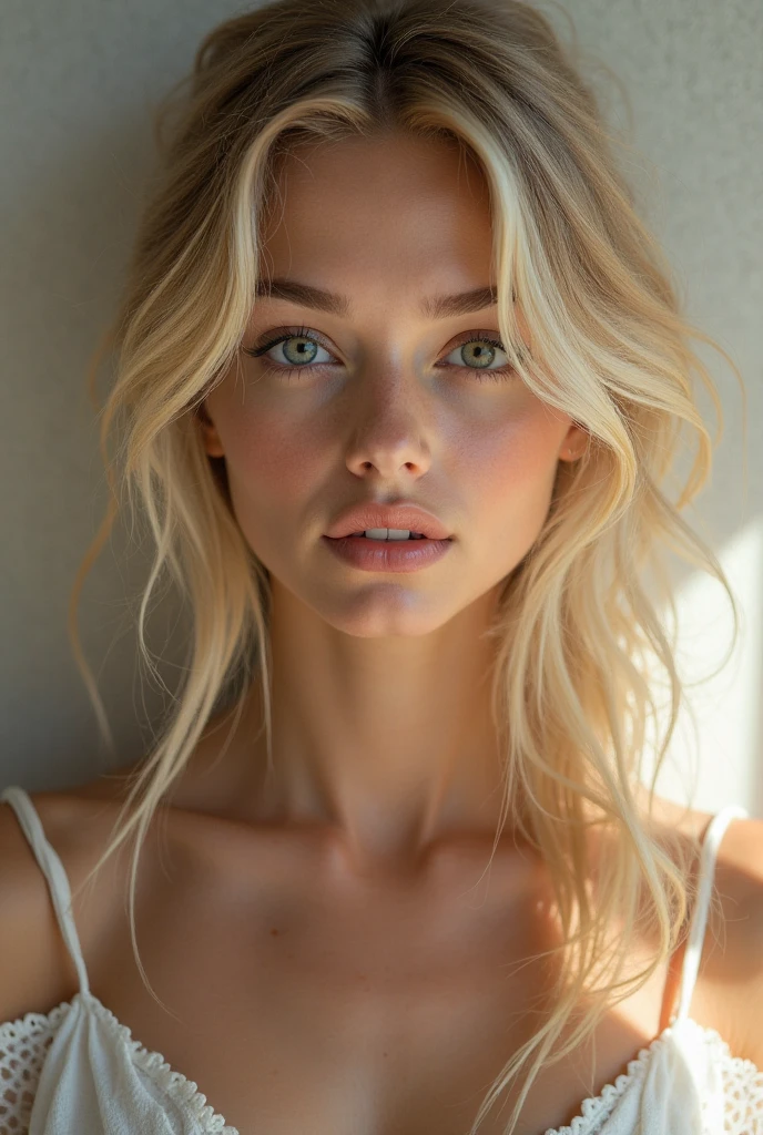 masterpiece, beautiful teen in lingerie, Full body shot, high quality, a girl with a beautiful European face, very fine and thin eyebrows, Amazing detailed eyes, blue eyes, big ones, realistic eyes, well detailed pupil, royal eye, pale transparent skin, White skin, clean skin, WITHOUT IMPERFECTIONS, incredible detailed face, blonde girl, blush, blushing, Enchanting, Beautiful, masterpiece, Looks like a beautiful blonde doll, is an angel, radiosity, Enchanting detallada, innocent face, naive face, sexy lingerie, hourglass body shape, senos redondos big ones y firmes. ,photo of perfecteyes eyes.