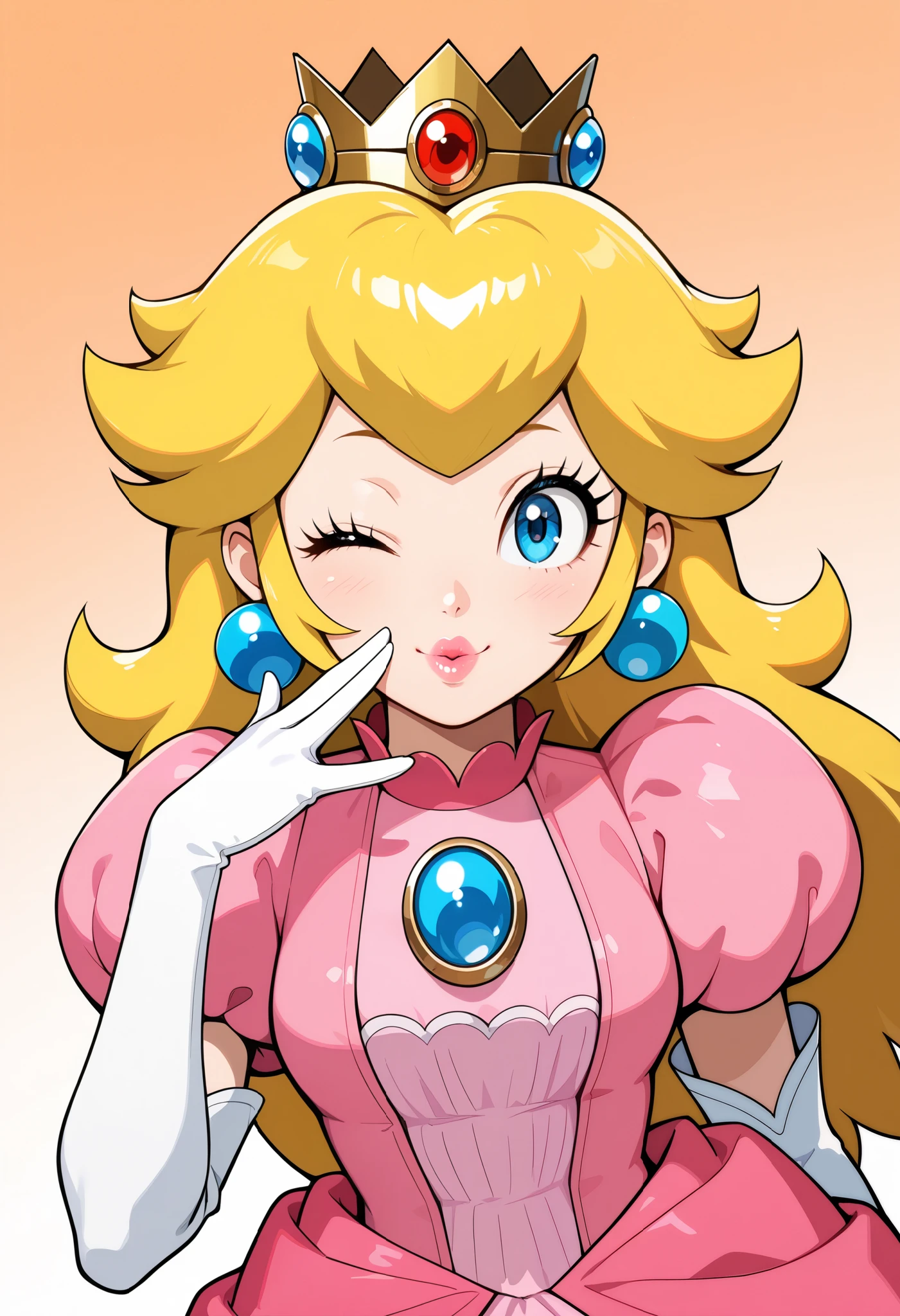 1 girl, solo, BREAK princess peach, blue eyes, long hair, crown, pink dress, jewelry, earrings, white gloves, puffy sleeves, elbow gloves, puffy short sleeves,greeting, upper body, smiling, winking, kiss, looking at viewer, dutch angle, best quality,amazing quality, masterpiece, anime artstyle,simple background, no background, orange white gradient background,