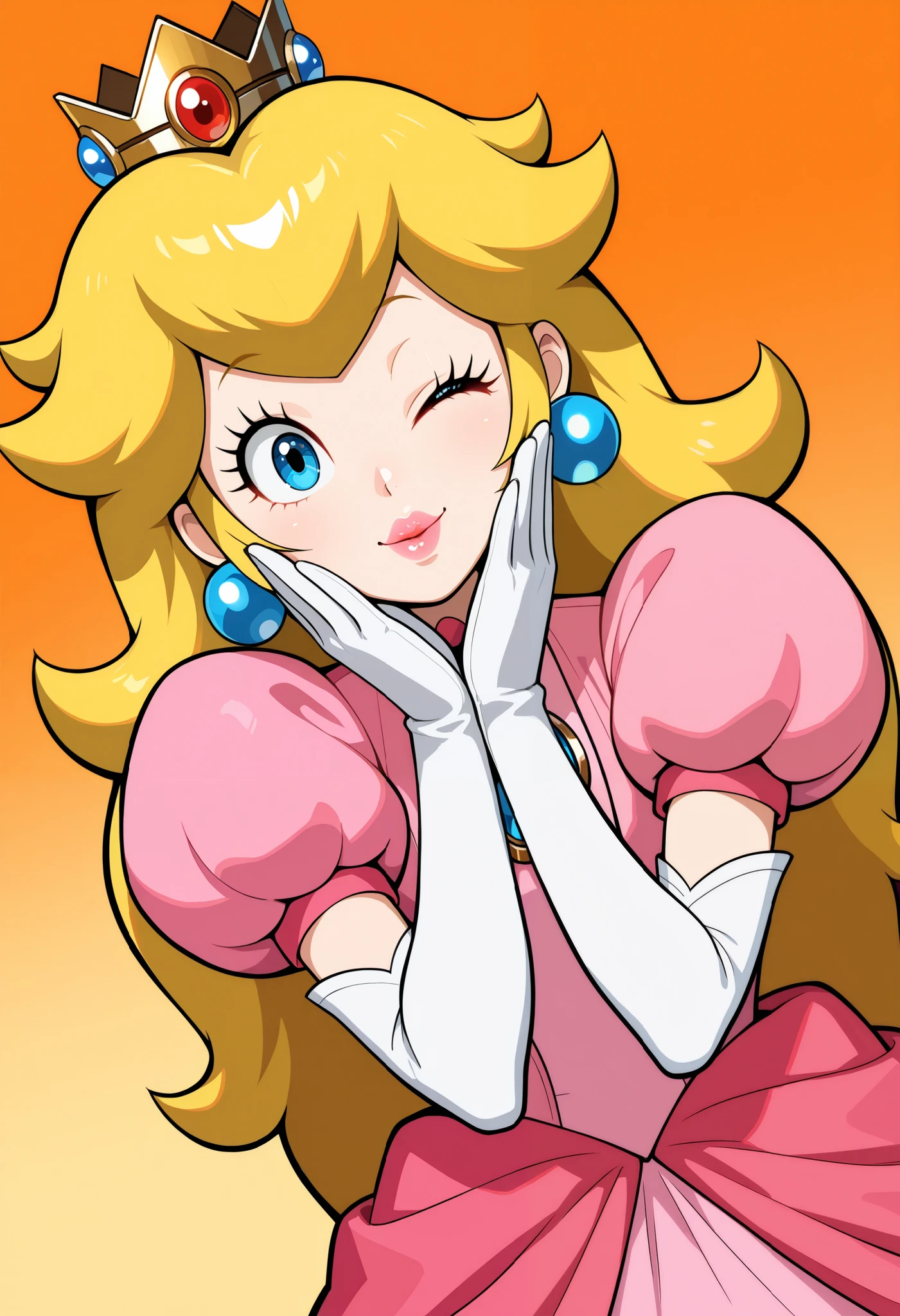 1 girl, solo, BREAK princess peach, blue eyes, long hair, crown, pink dress, jewelry, earrings, white gloves, puffy sleeves, elbow gloves, puffy short sleeves,greeting, upper body, smiling, winking, kiss, looking at viewer, dutch angle, best quality,amazing quality, masterpiece, anime artstyle,simple background, no background, orange white gradient background,