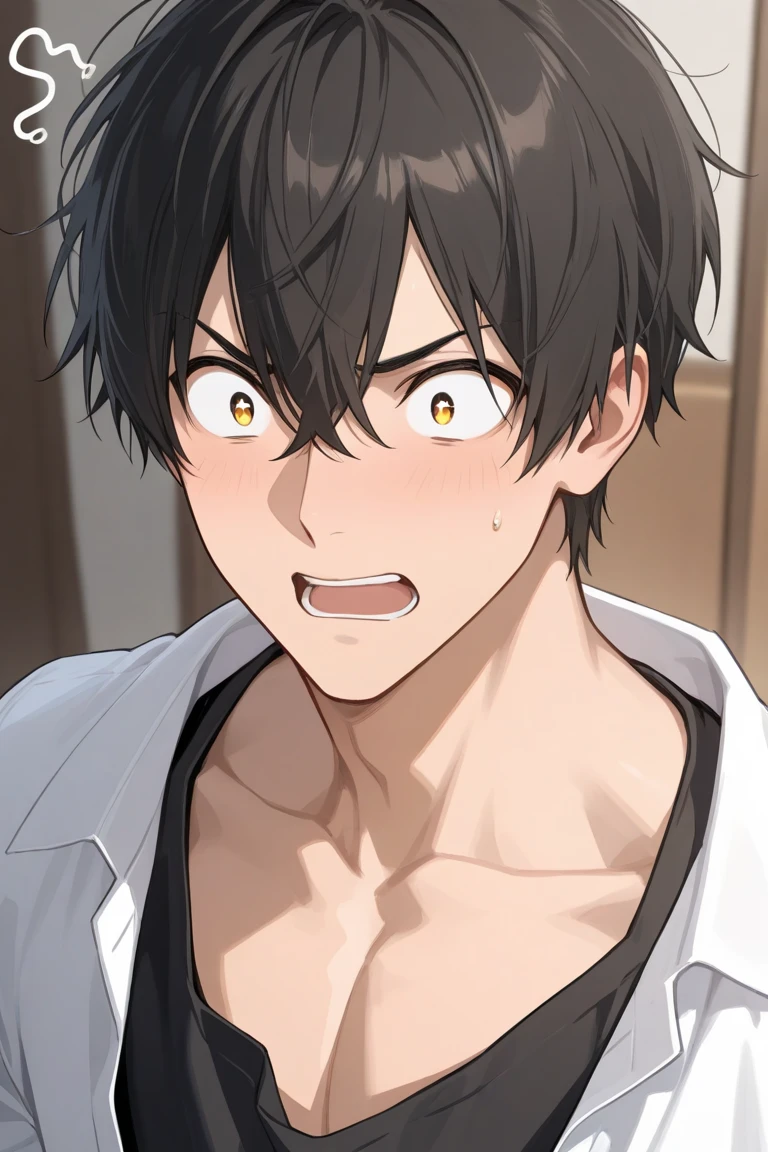 modern, Verism, masterpiece, textured skin, super detail, best quality, 4K ,A handsome man, black hair, short hair, He has his mouth wide open, showing a very surprised expression.